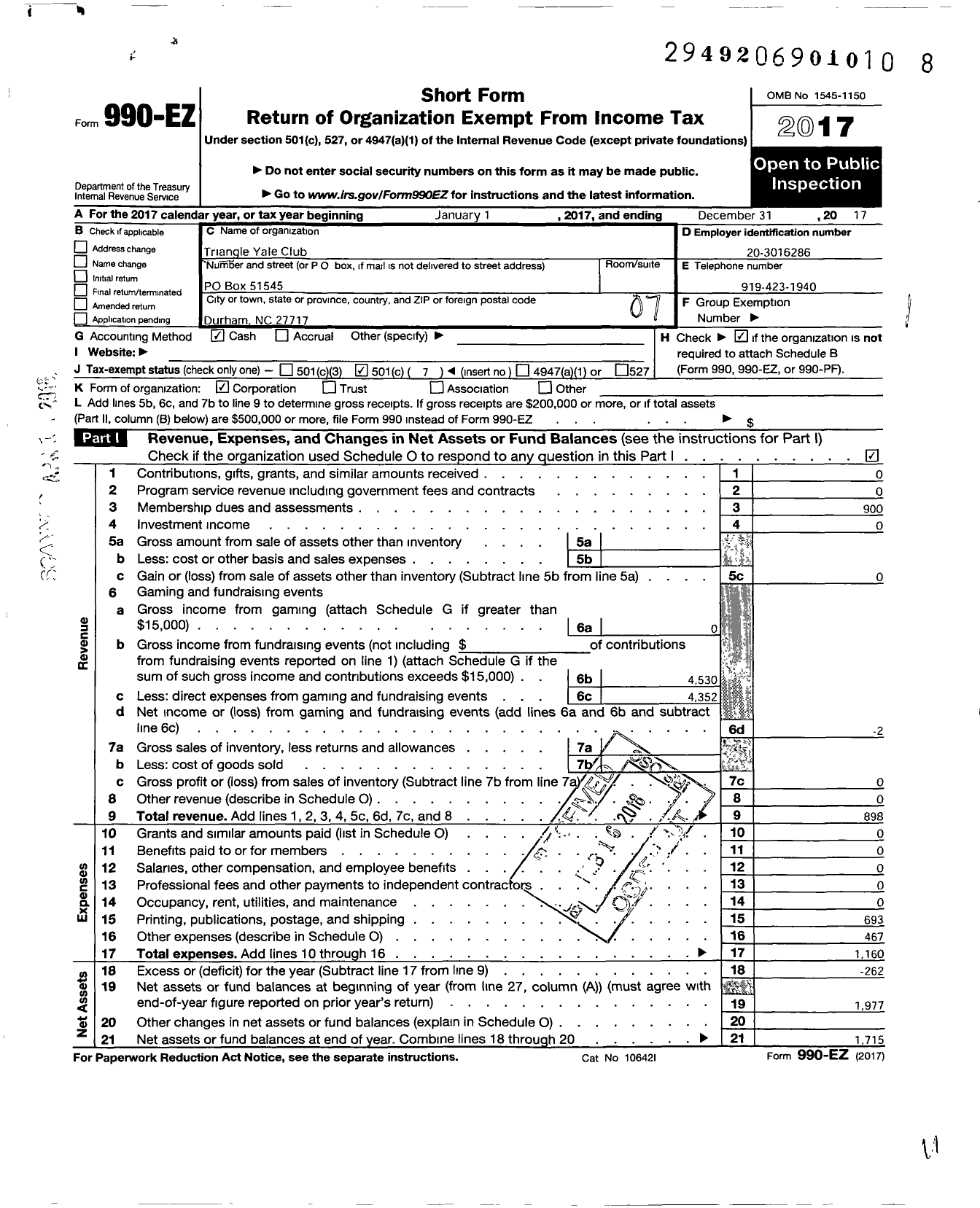 Image of first page of 2017 Form 990EO for Triangle Yale Club