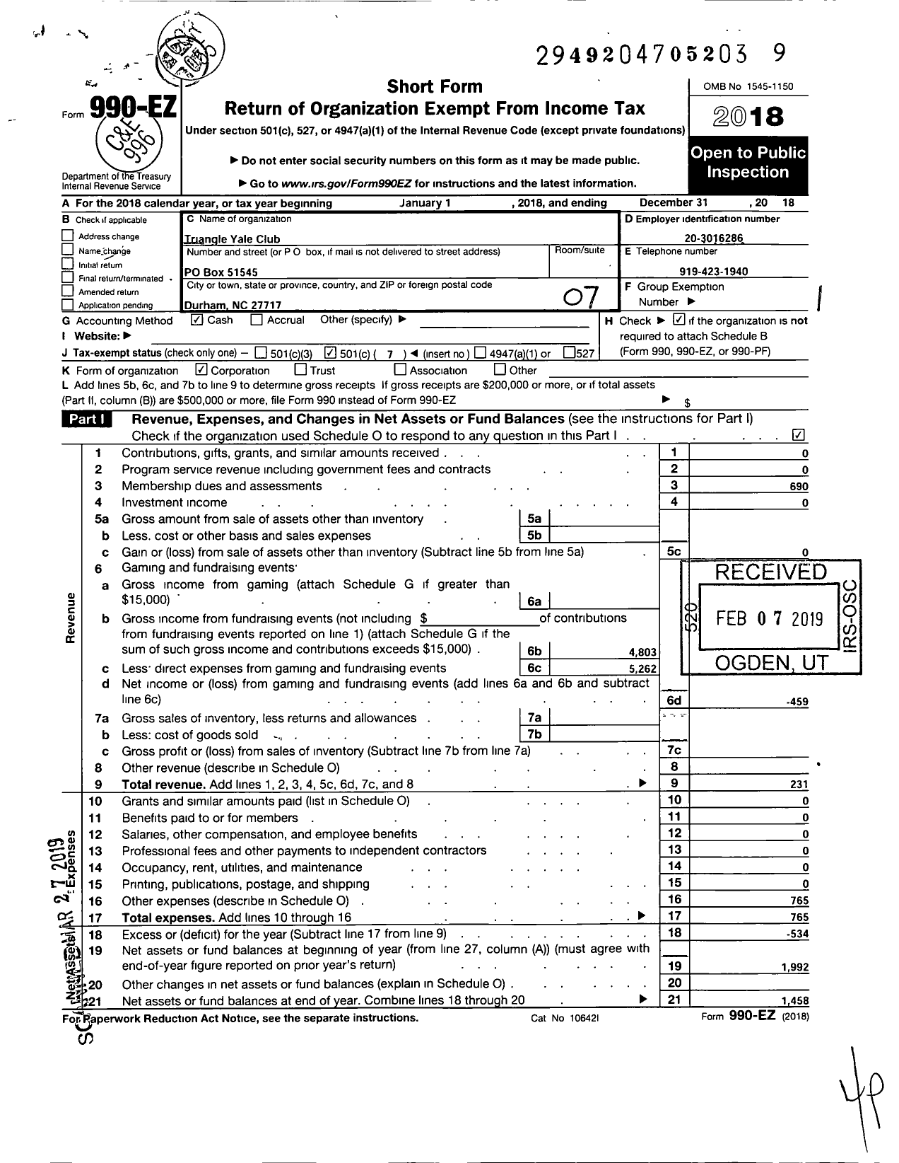 Image of first page of 2018 Form 990EO for Triangle Yale Club