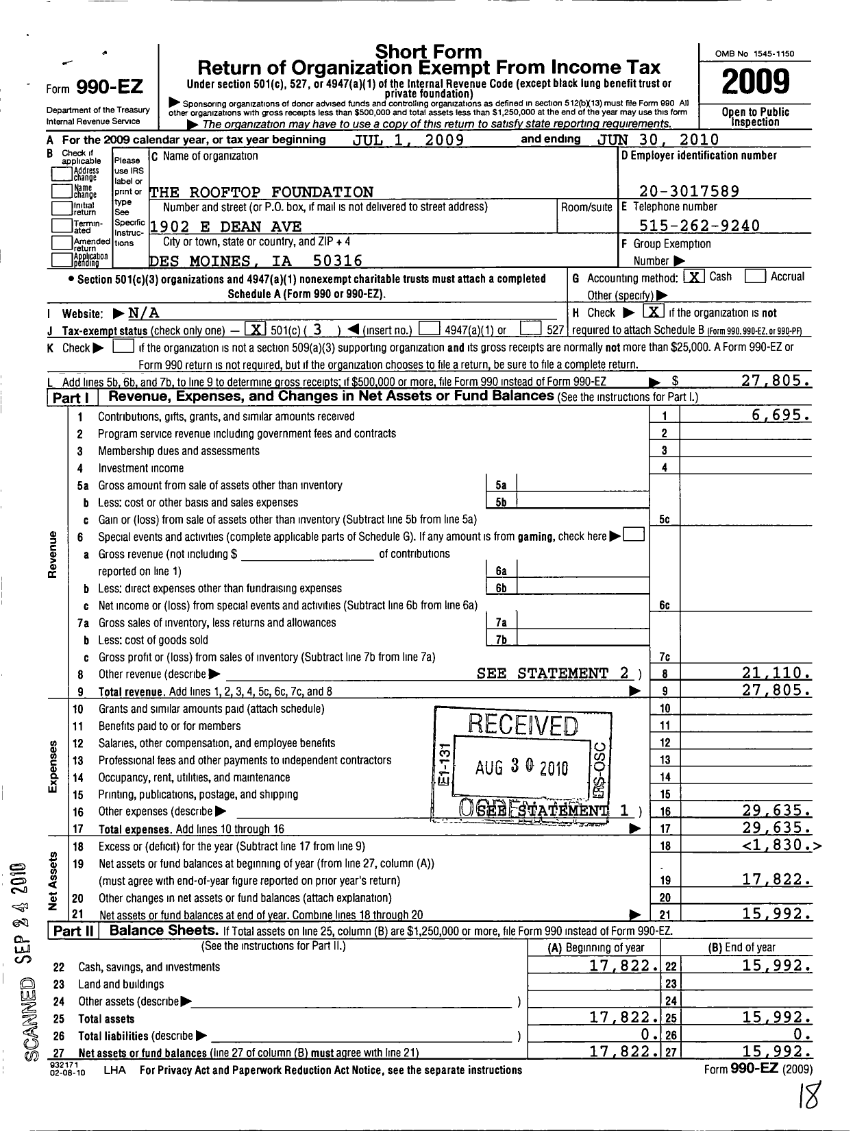 Image of first page of 2009 Form 990EZ for Rooftop Foundation