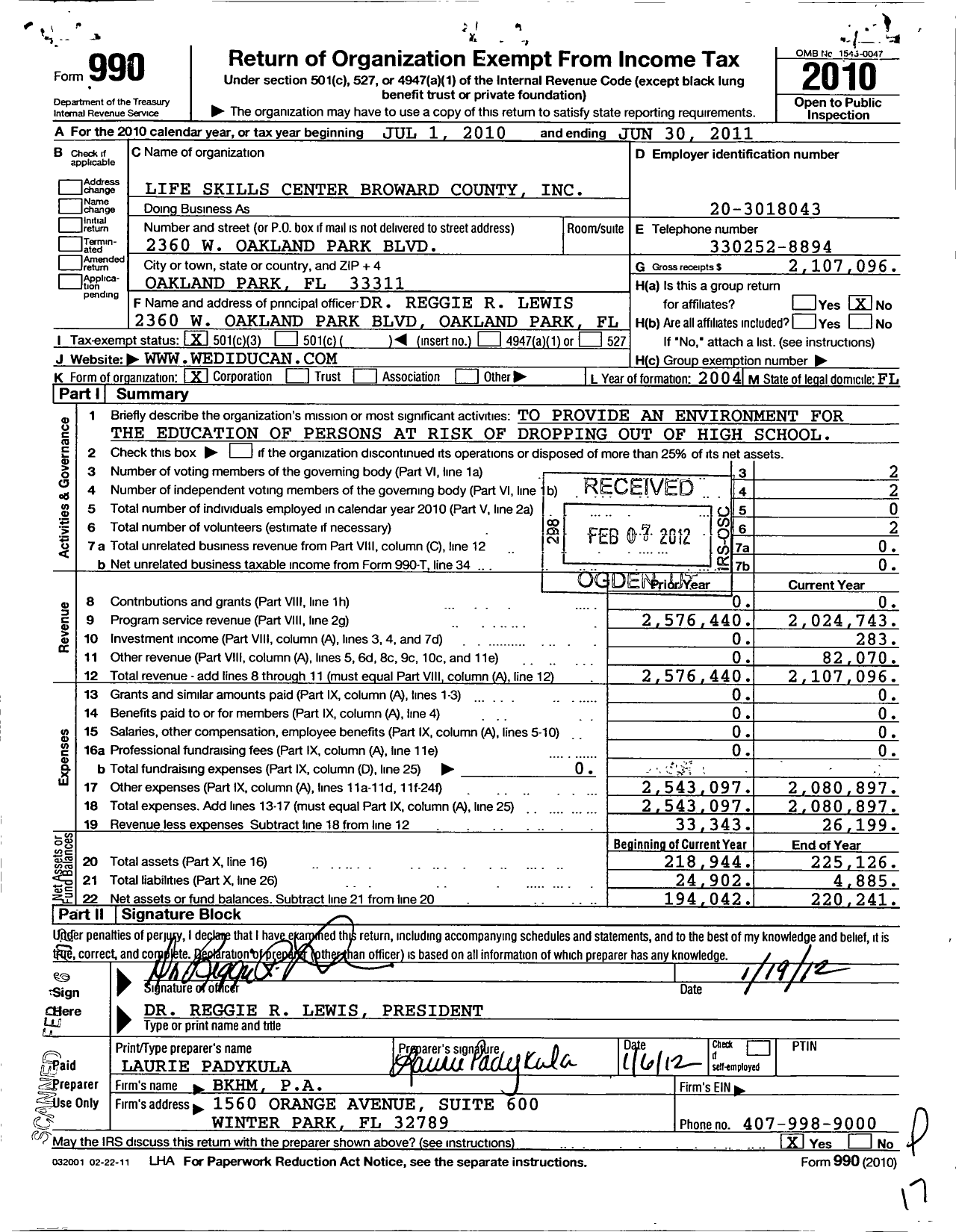 Image of first page of 2010 Form 990 for Life Skills Center Broward County