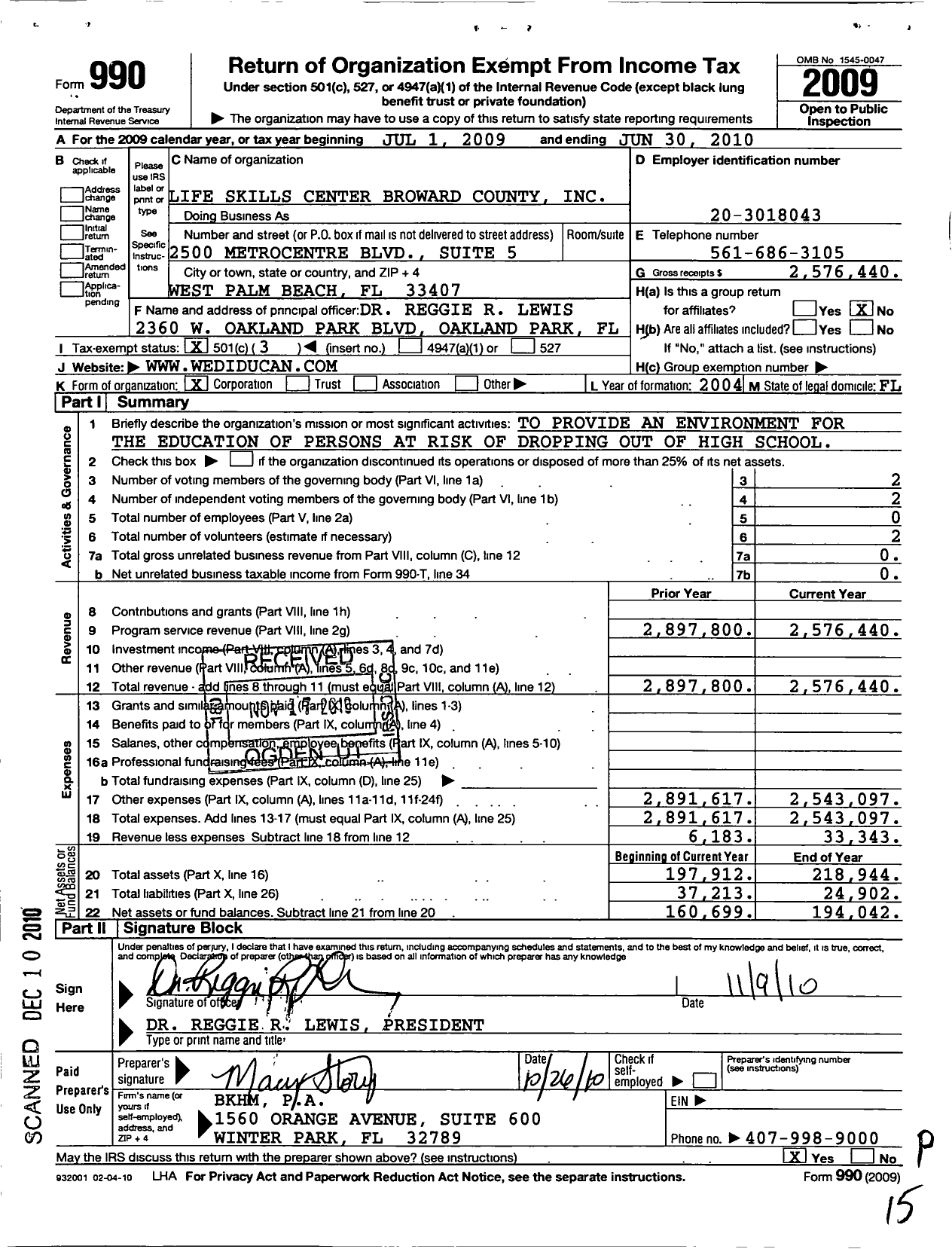 Image of first page of 2009 Form 990 for Life Skills Center Broward County