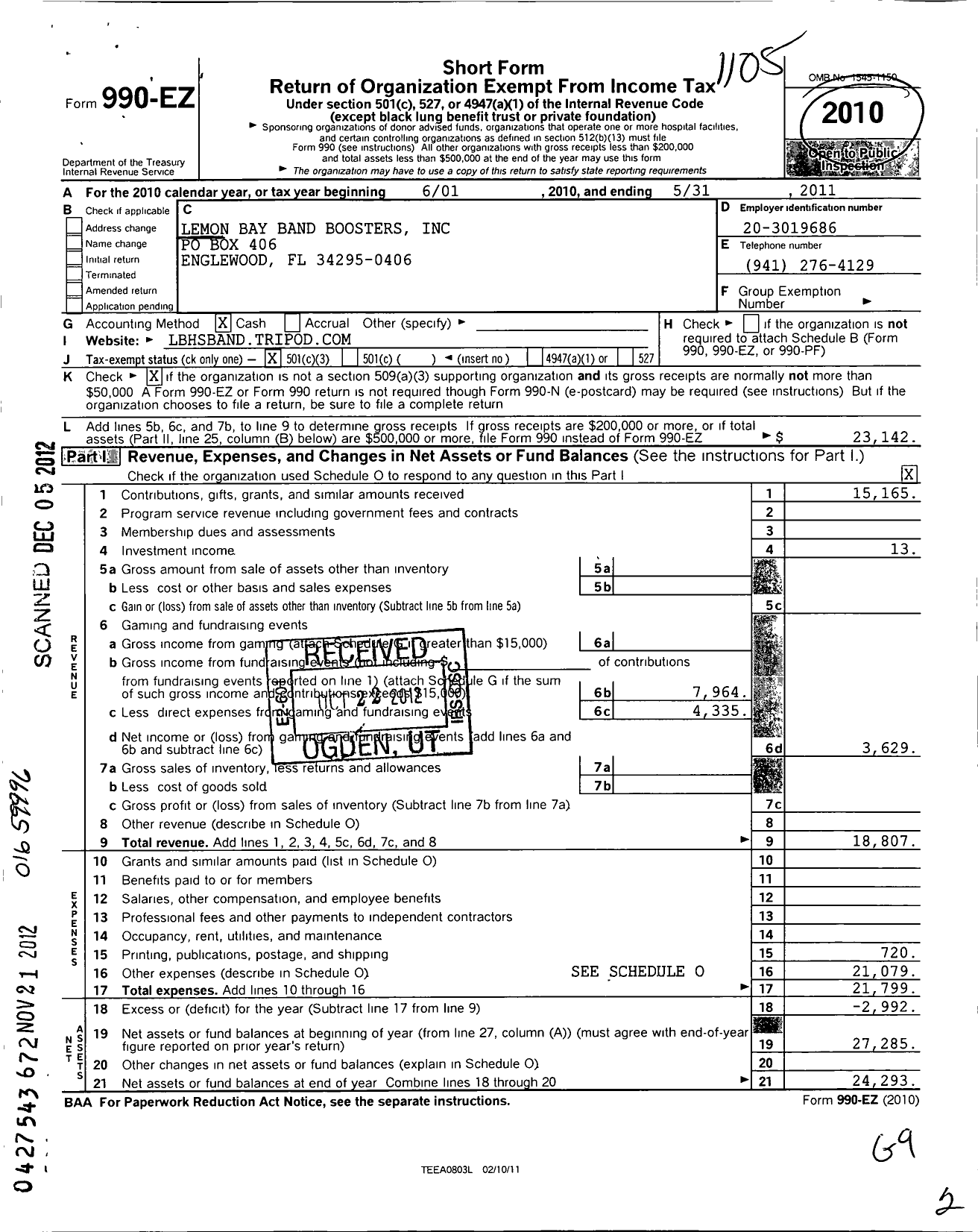 Image of first page of 2010 Form 990EZ for Lemon Bay Band Boosters