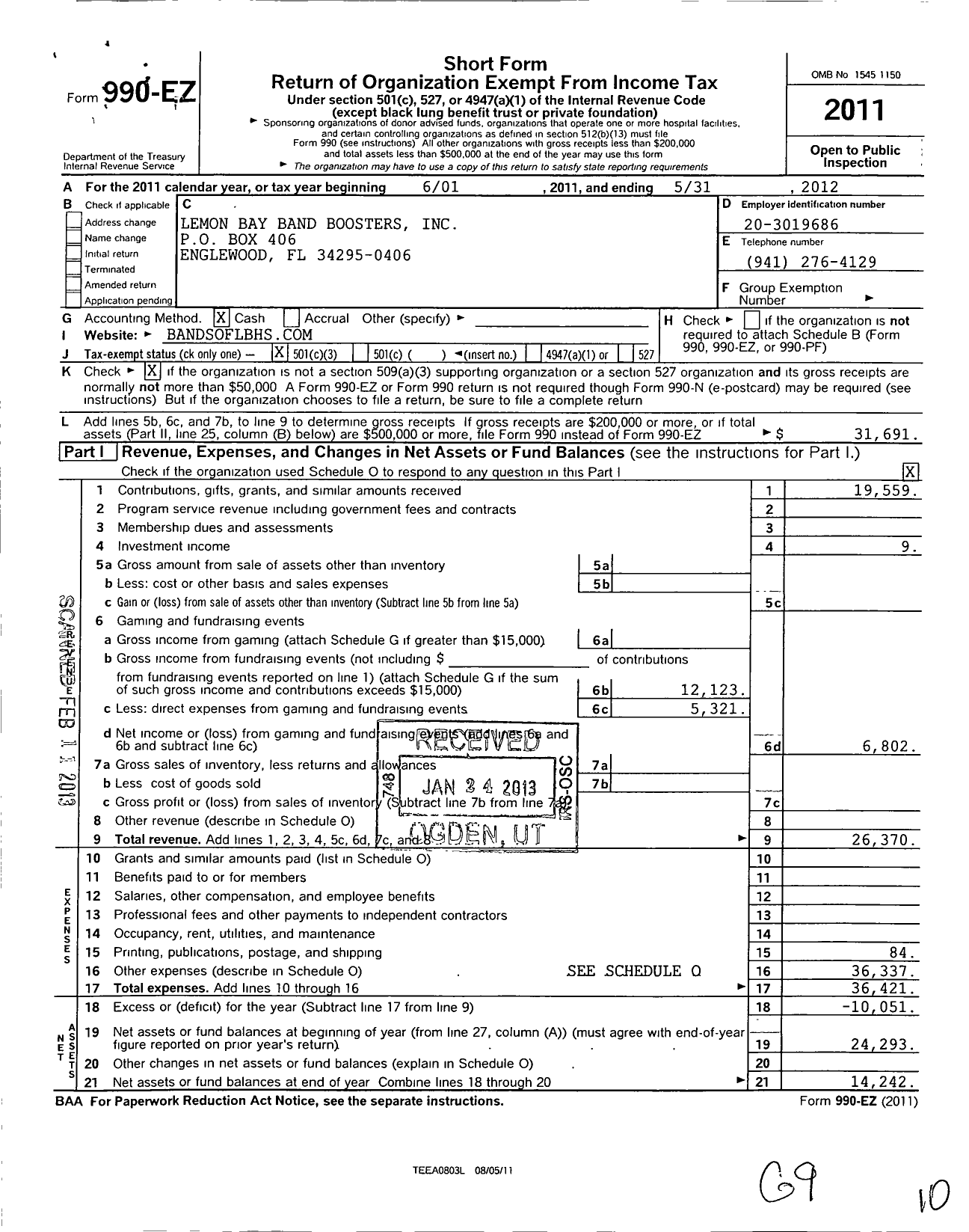 Image of first page of 2011 Form 990EZ for Lemon Bay Band Boosters