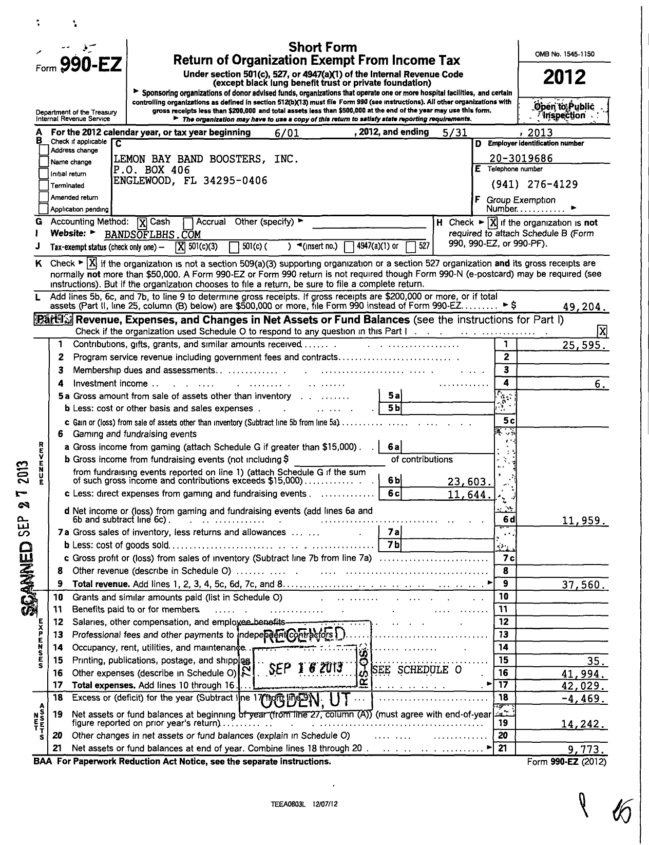 Image of first page of 2012 Form 990EZ for Lemon Bay Band Boosters