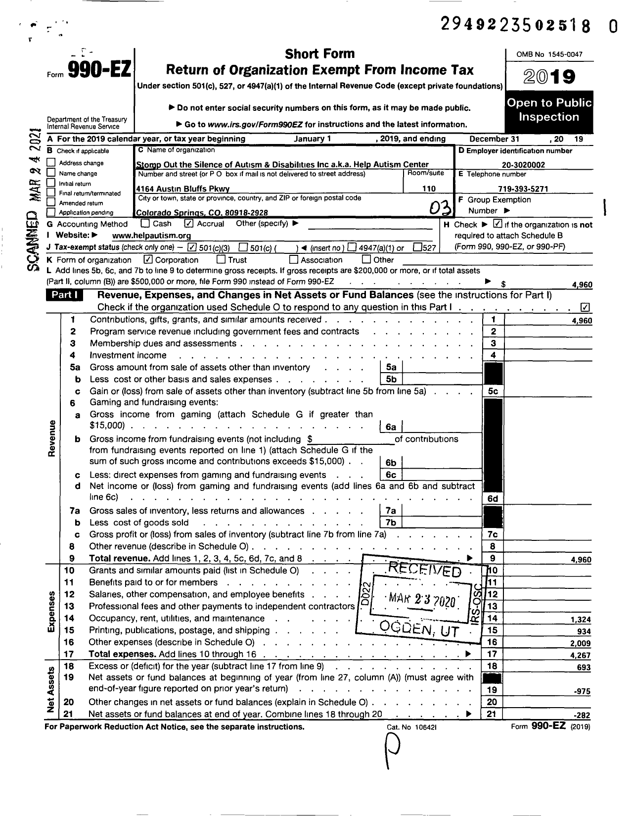 Image of first page of 2019 Form 990EZ for Help Autism Center