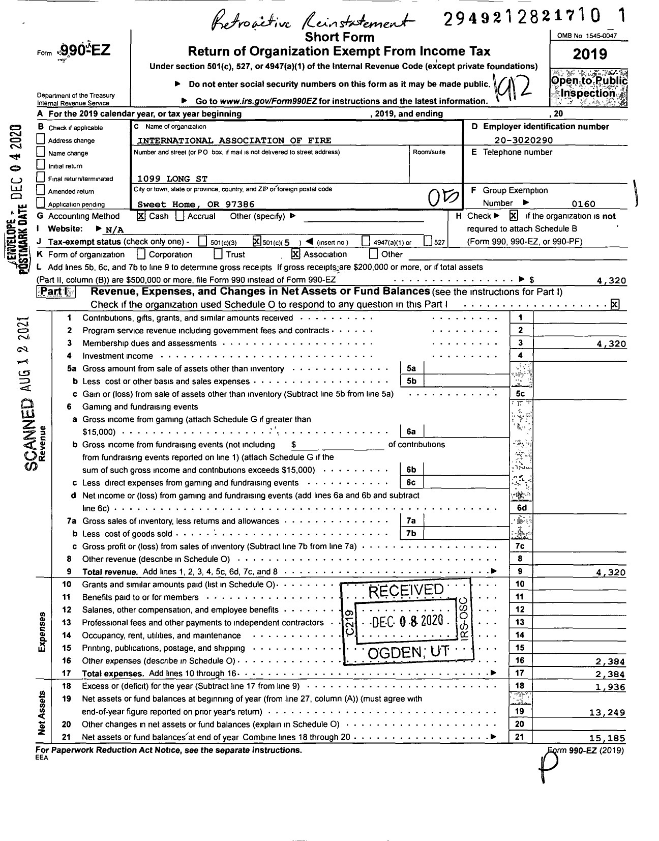 Image of first page of 2019 Form 990EO for International Association of Fire / L4436 Sweet Home Fire Fighters Asso