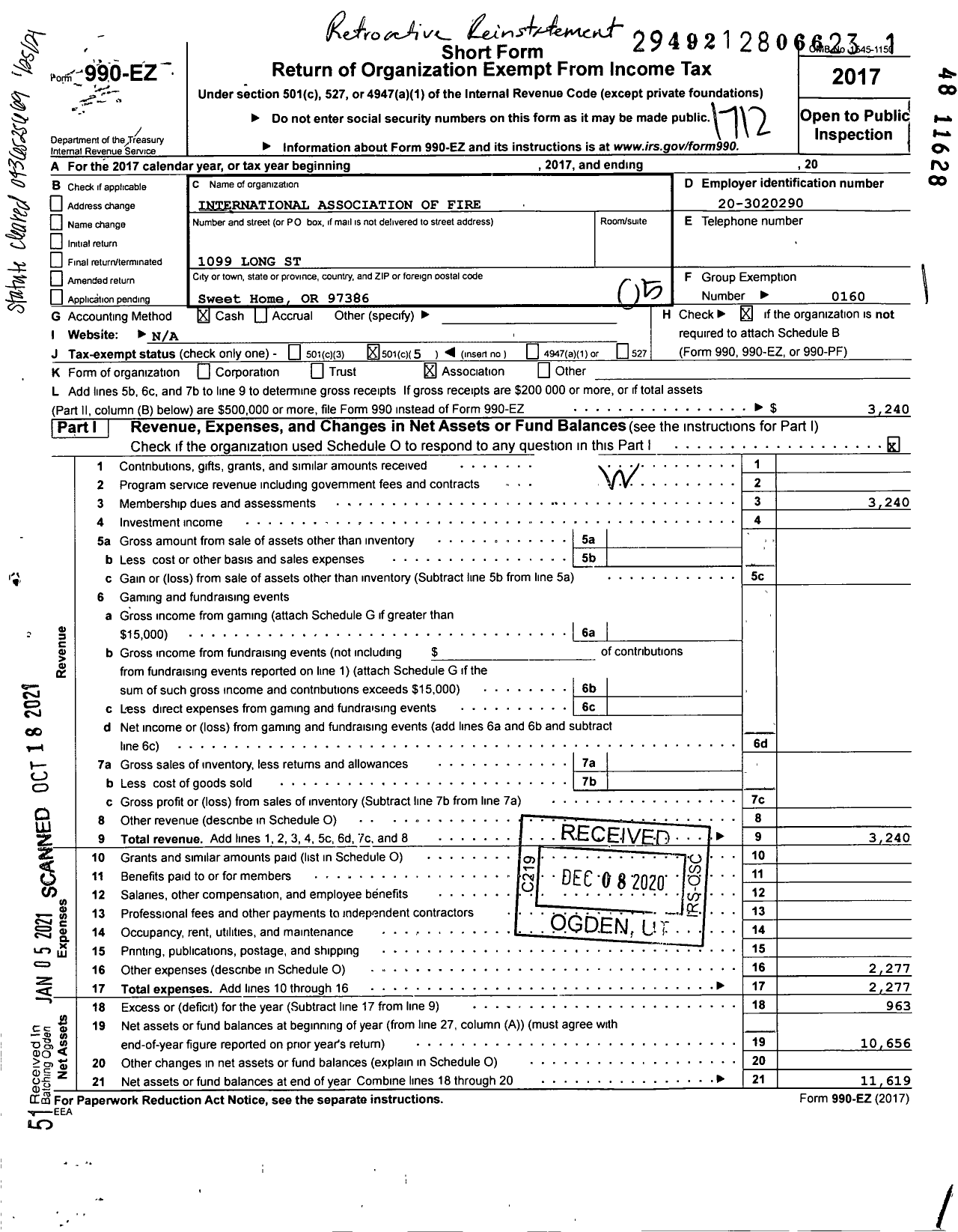 Image of first page of 2017 Form 990EO for International Association of Fire / L4436 Sweet Home Fire Fighters Asso