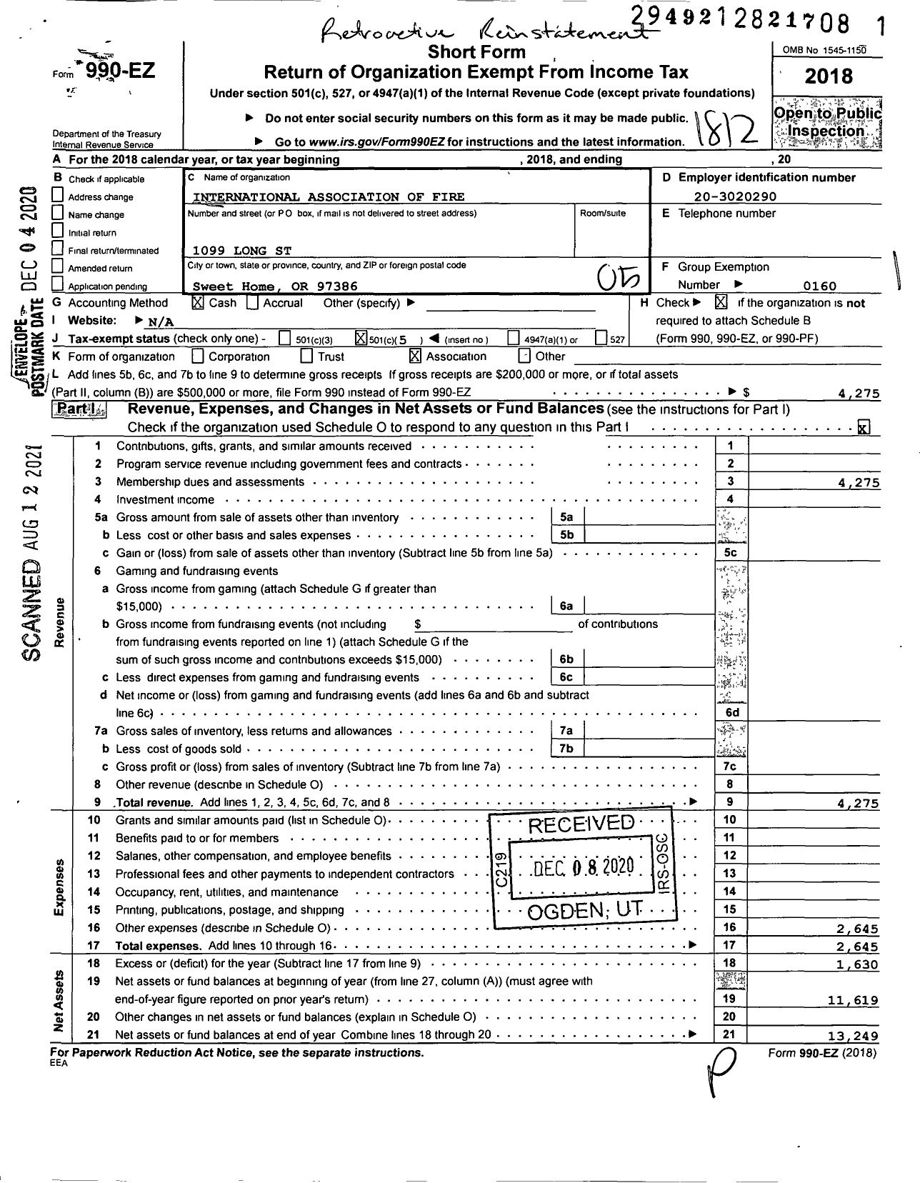 Image of first page of 2018 Form 990EO for International Association of Fire / L4436 Sweet Home Fire Fighters Asso