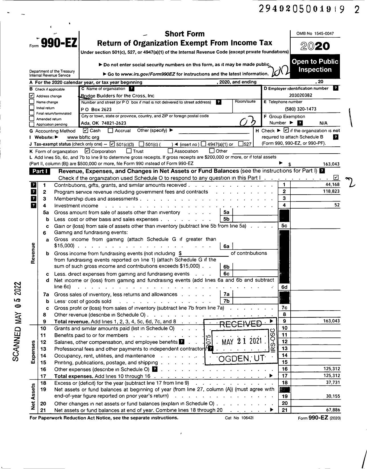 Image of first page of 2020 Form 990EZ for Bridge Builders for the Cross