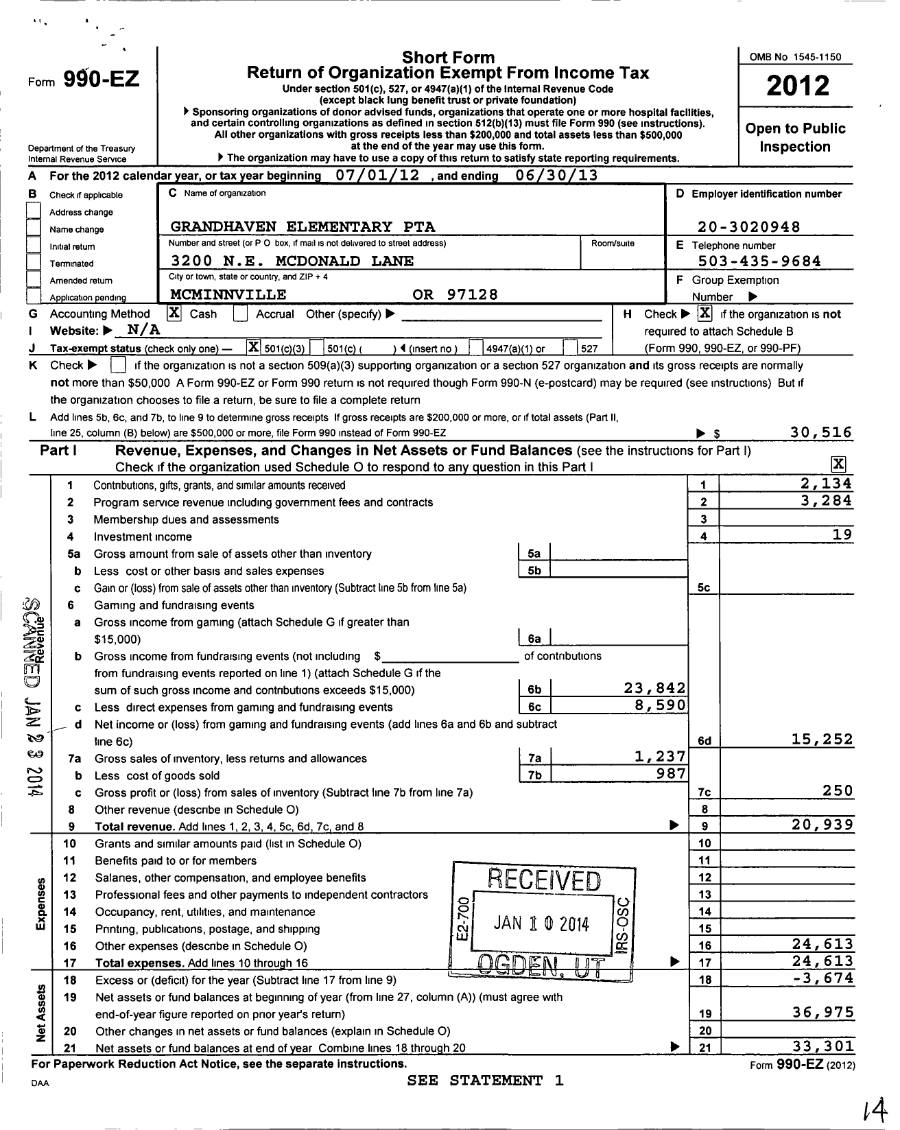 Image of first page of 2012 Form 990EZ for Grandhaven PTA