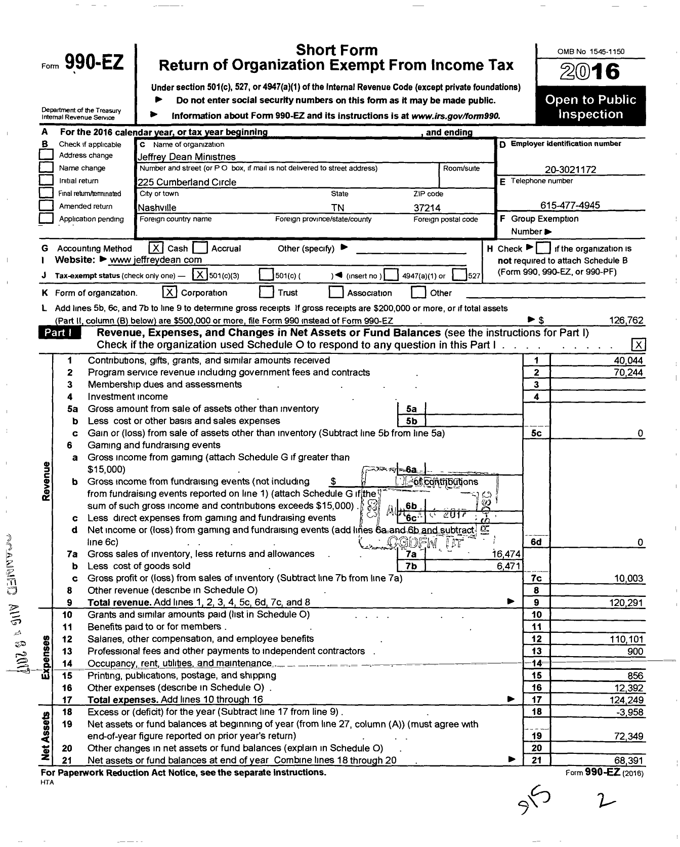 Image of first page of 2016 Form 990EZ for Jeffrey Dean Ministries