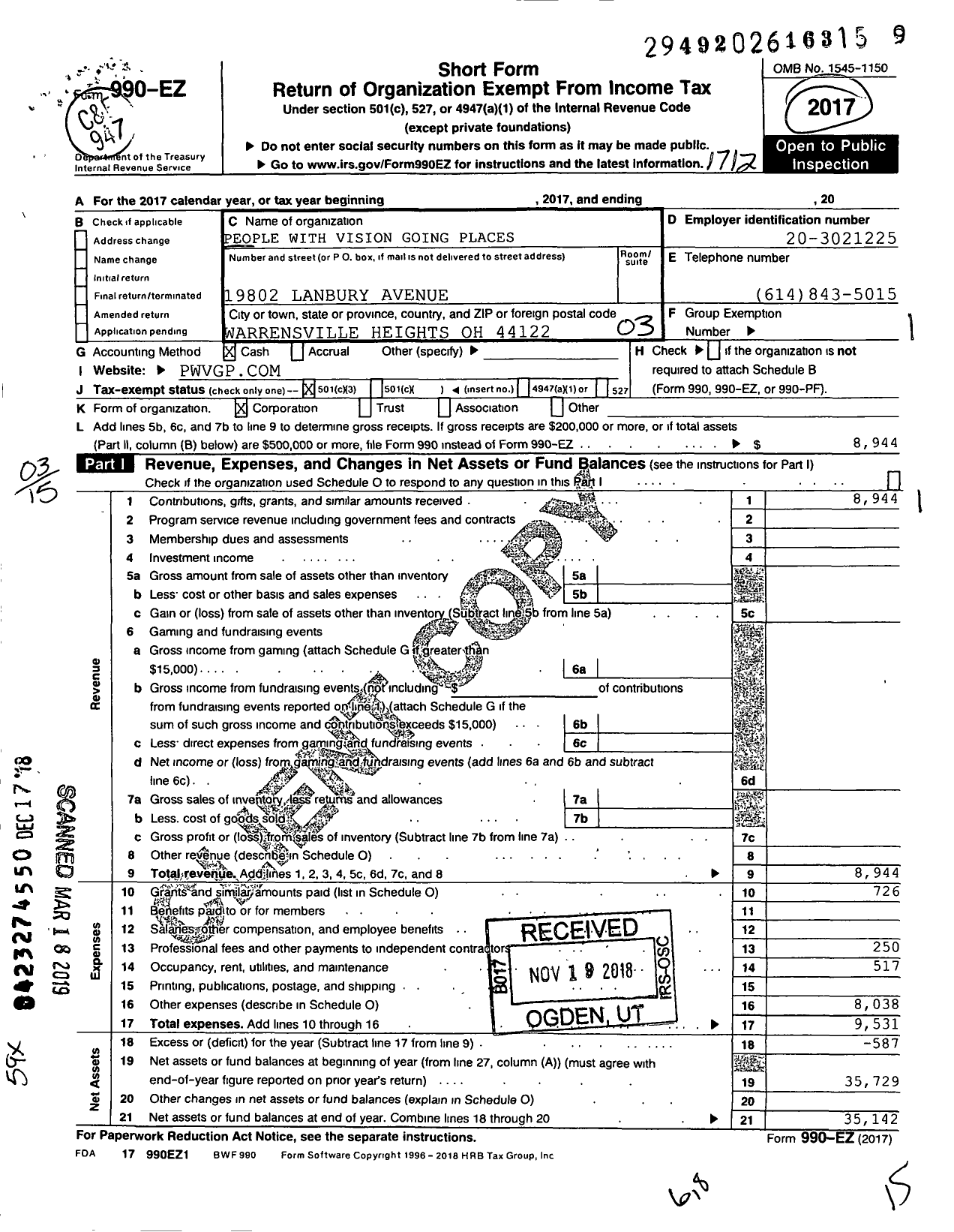 Image of first page of 2017 Form 990EZ for People with Visions Going Places