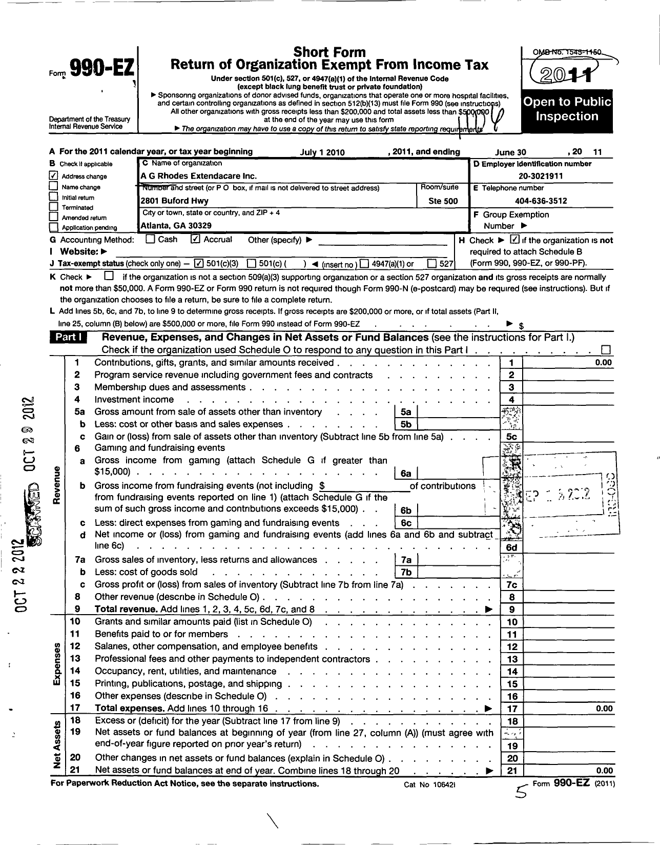 Image of first page of 2010 Form 990EZ for A G Rhodes Care Solutions