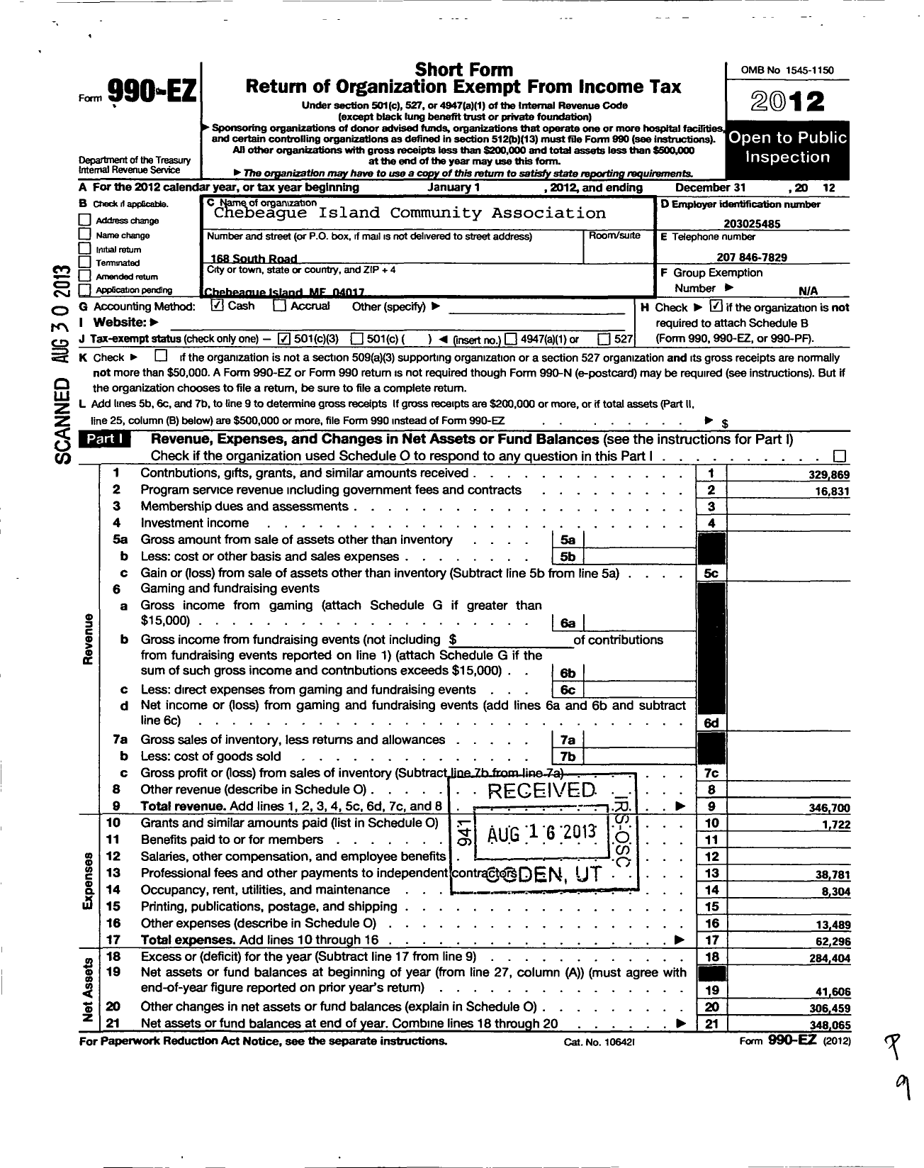 Image of first page of 2012 Form 990EZ for Chebeague Island Community Association