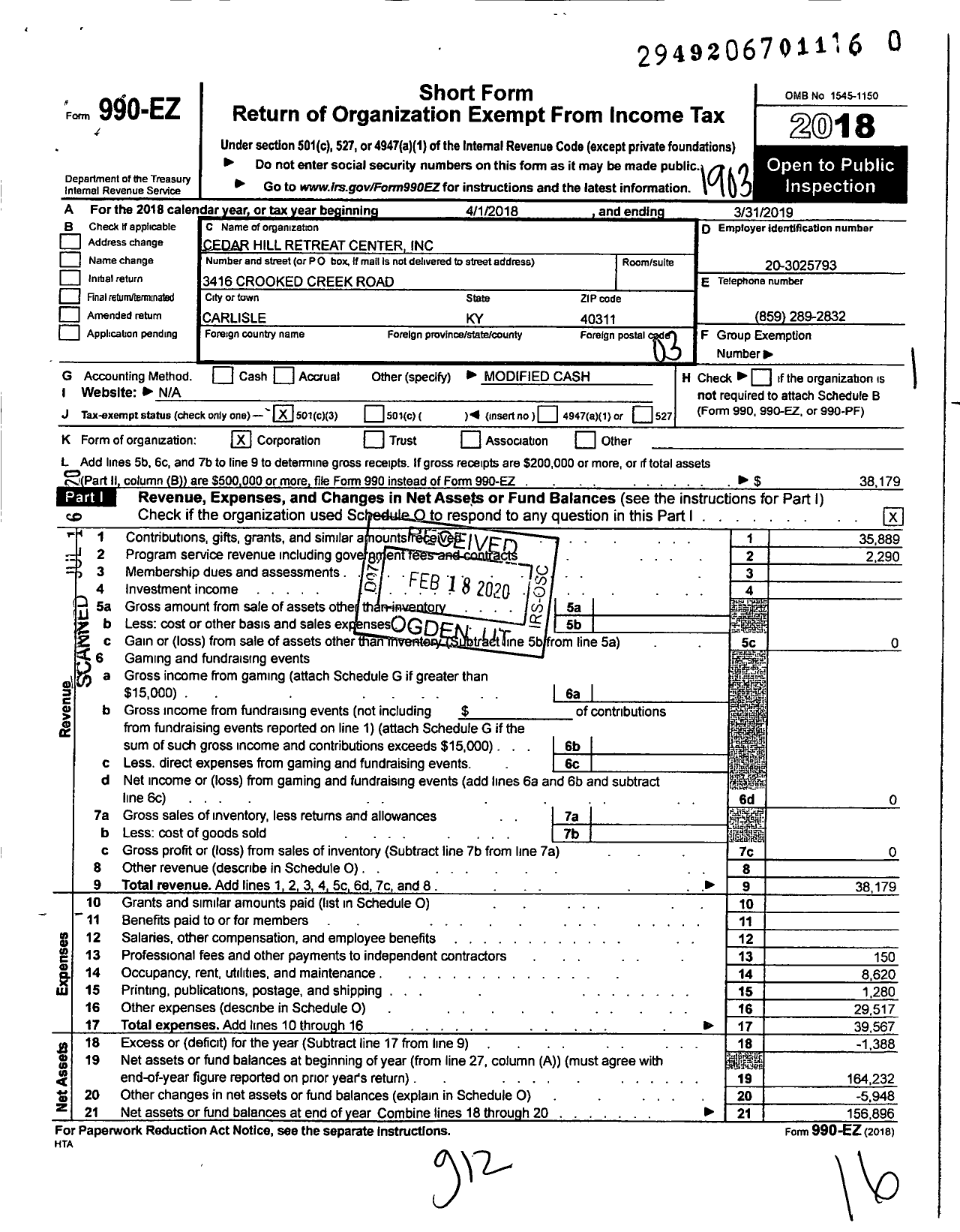 Image of first page of 2018 Form 990EZ for Cedar Hill Retreat Center