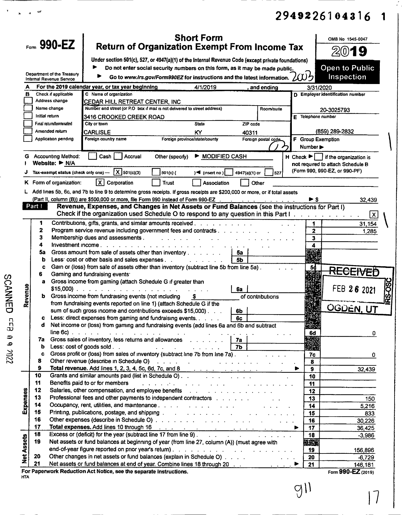 Image of first page of 2019 Form 990EZ for Cedar Hill Retreat Center