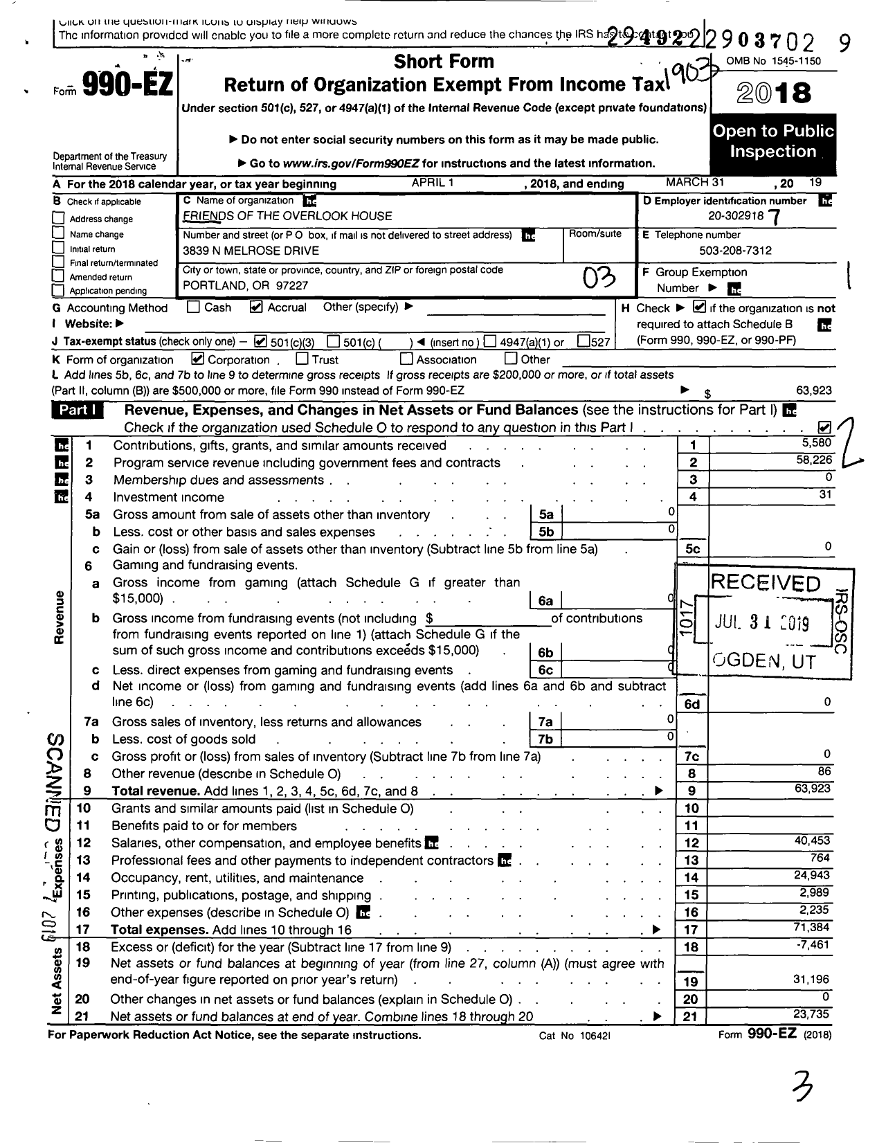 Image of first page of 2018 Form 990EZ for Friends of the Overlook House