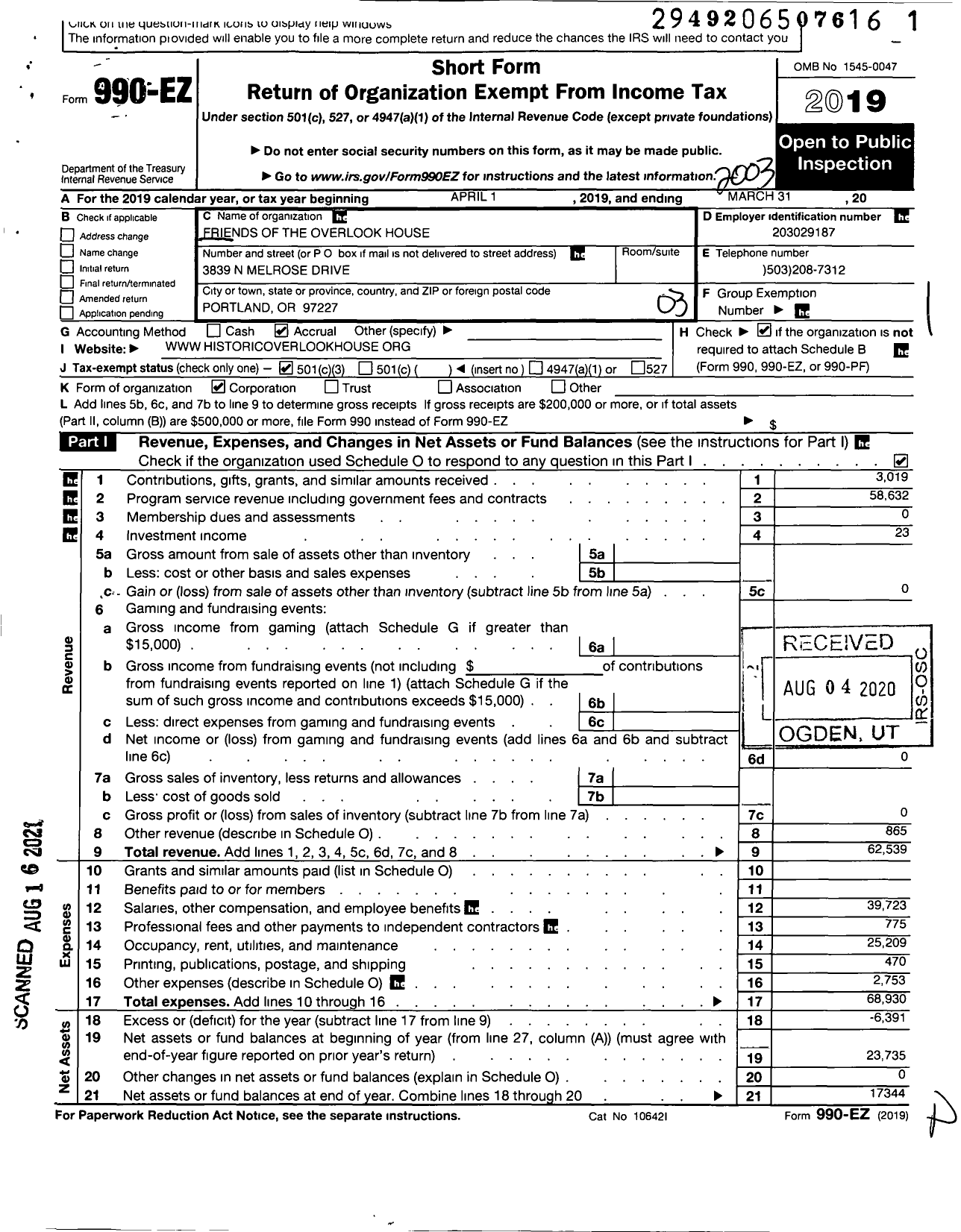 Image of first page of 2019 Form 990EZ for Friends of the Overlook House