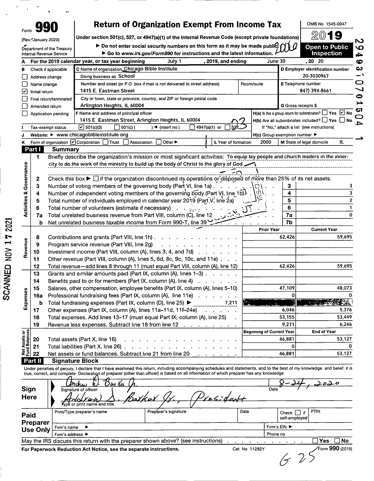 Image of first page of 2019 Form 990 for CHICAGO BIBLE INSTITUTE School