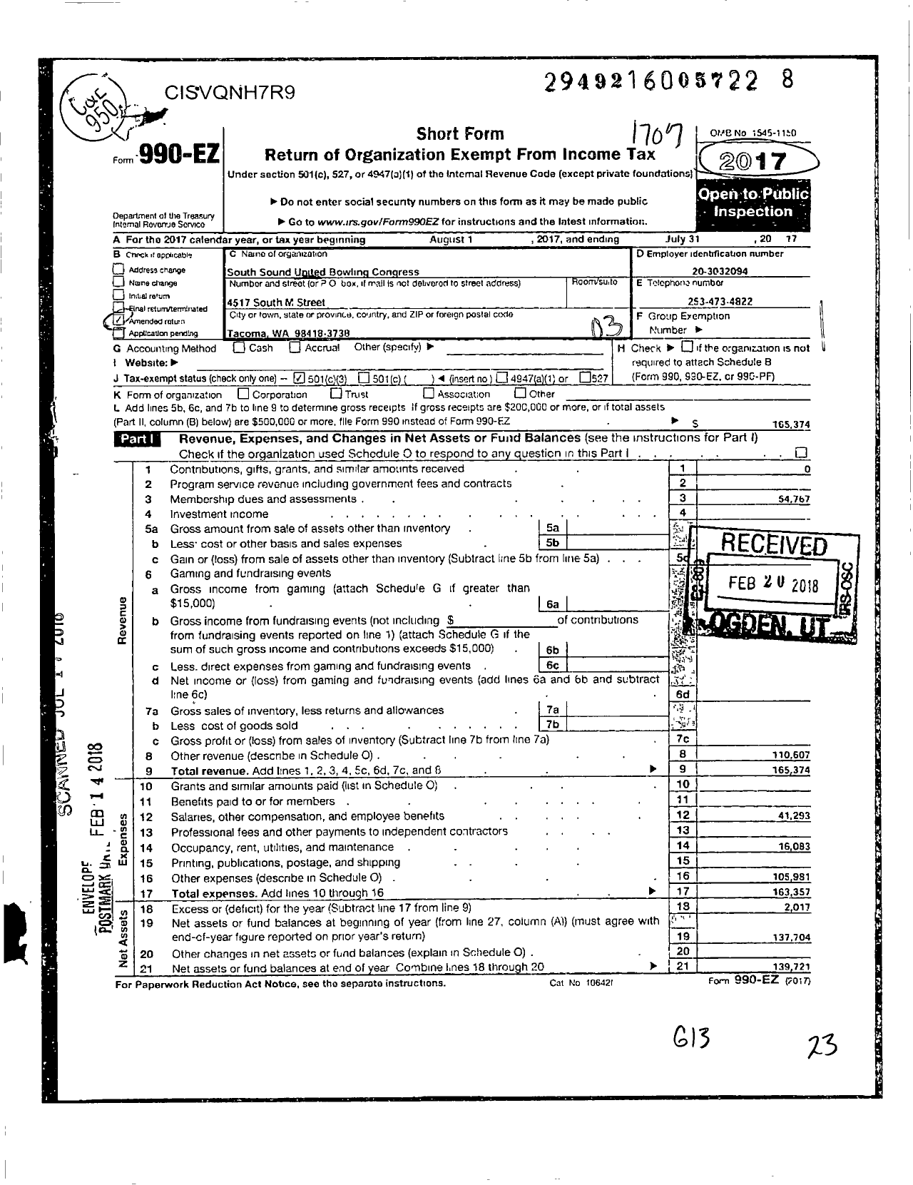 Image of first page of 2016 Form 990EZ for United States Bowling Congress - 80279 South Sound Usbc