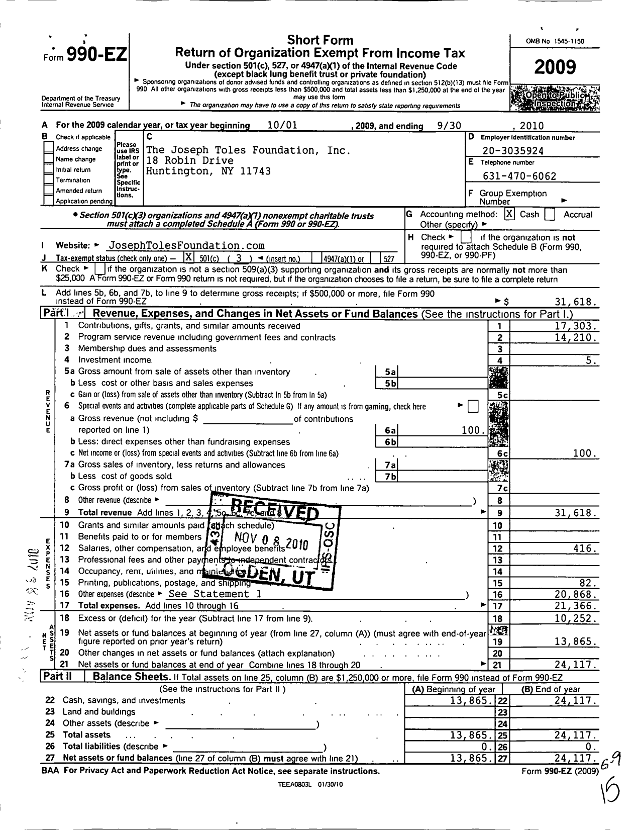 Image of first page of 2009 Form 990EZ for Joseph Toles Foundation