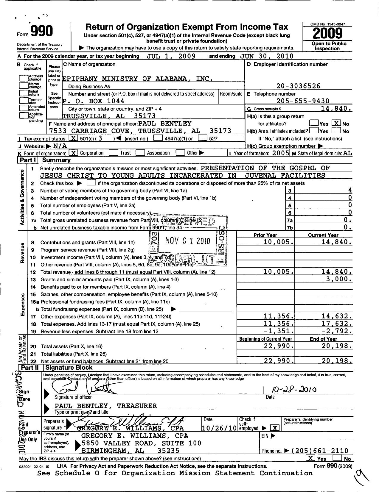 Image of first page of 2009 Form 990 for Epiphany Ministry of Alabama