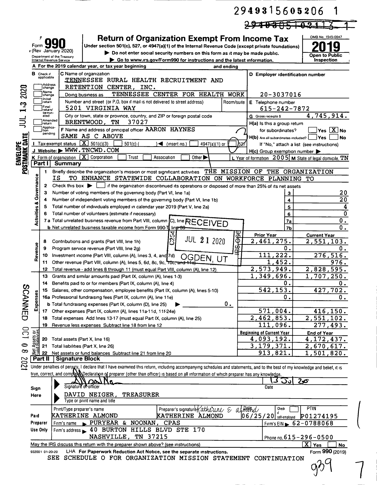 Image of first page of 2019 Form 990 for Tennessee Center for Health Workforce Development