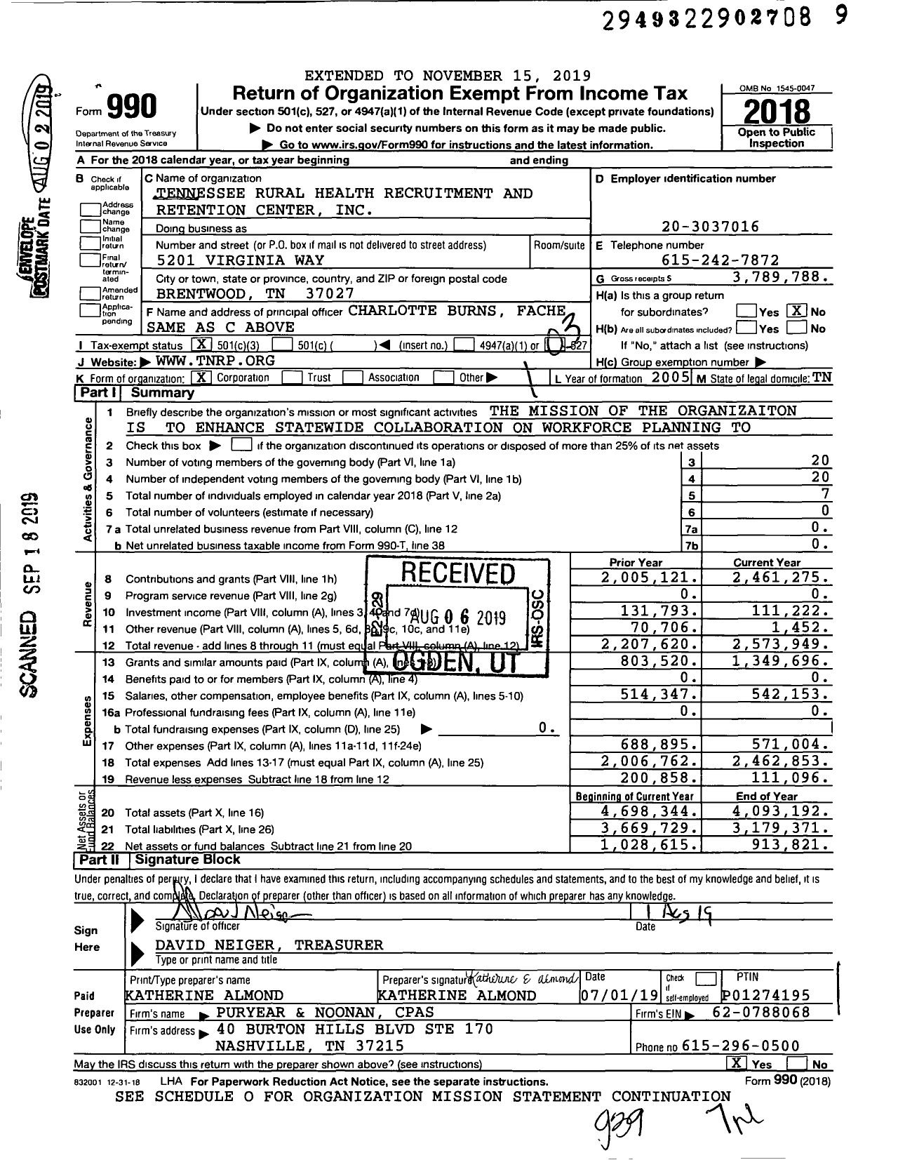 Image of first page of 2018 Form 990 for Tennessee Center for Health Workforce Development