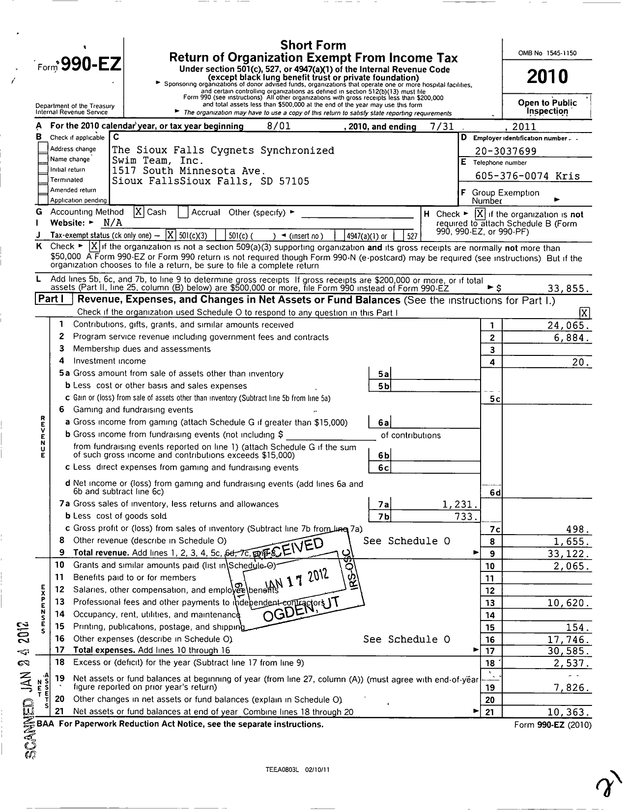Image of first page of 2010 Form 990EZ for The Sioux Falls Cygnets Synchronized Swim Team