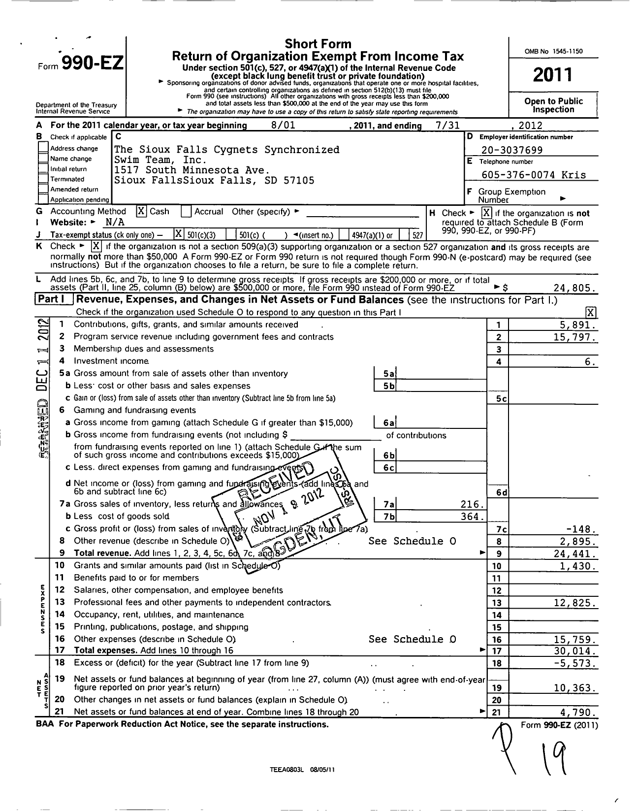 Image of first page of 2011 Form 990EZ for The Sioux Falls Cygnets Synchronized Swim Team