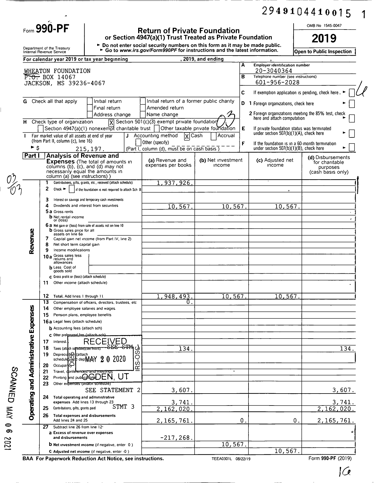 Image of first page of 2019 Form 990PF for Wheaton Foundation