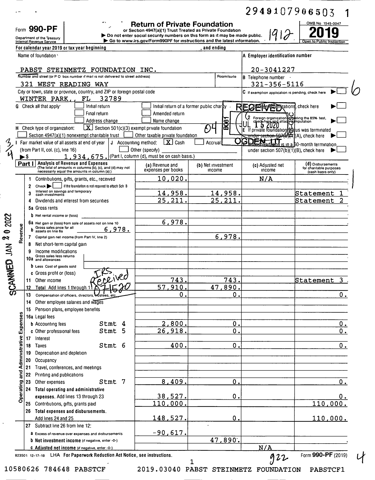 Image of first page of 2019 Form 990PF for Pabst Steinmetz Foundation