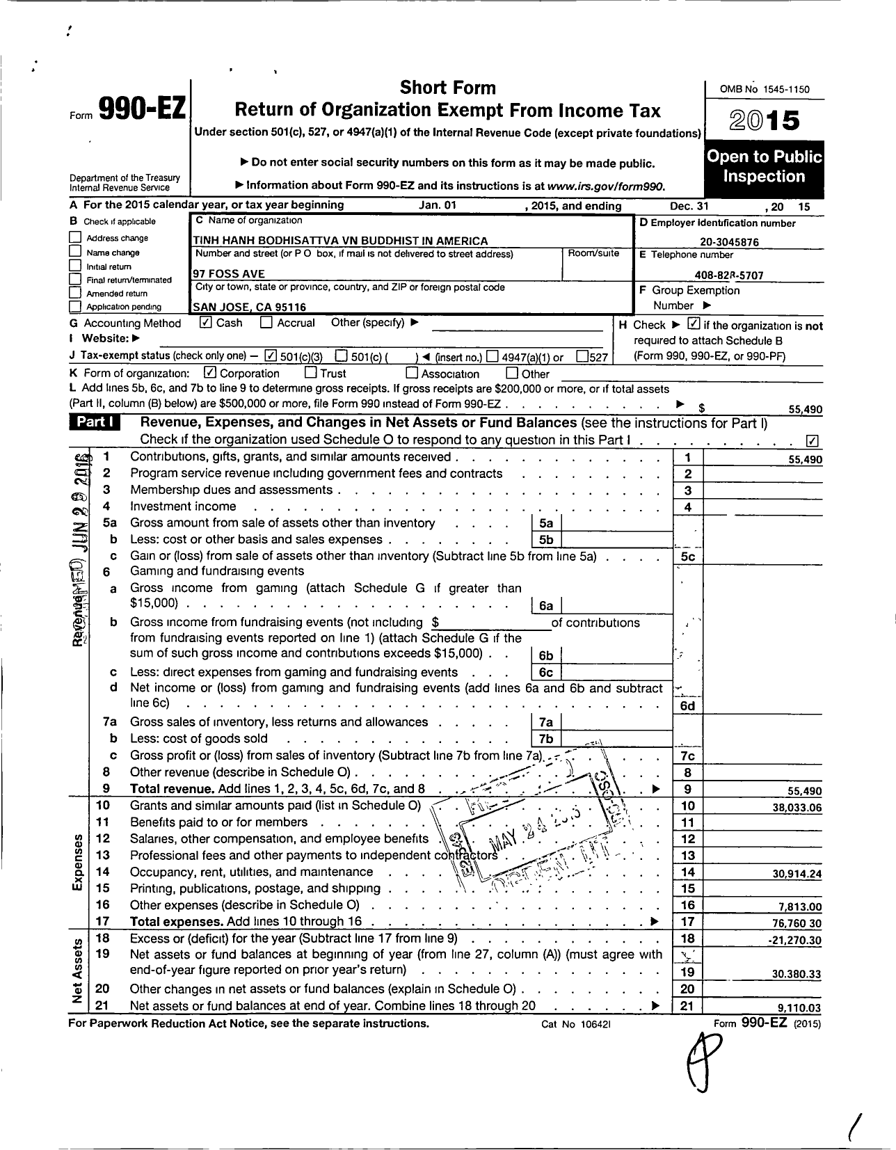 Image of first page of 2015 Form 990EZ for Tinh Hanh Bodhisattva VN Buddhist in America