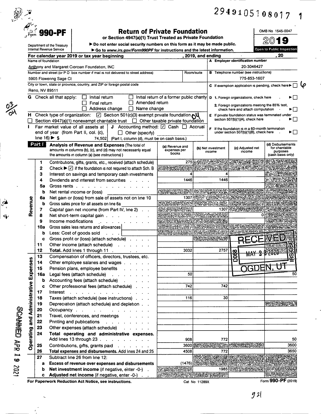 Image of first page of 2019 Form 990PF for Anthony and Margaret Ciorciari Foundation