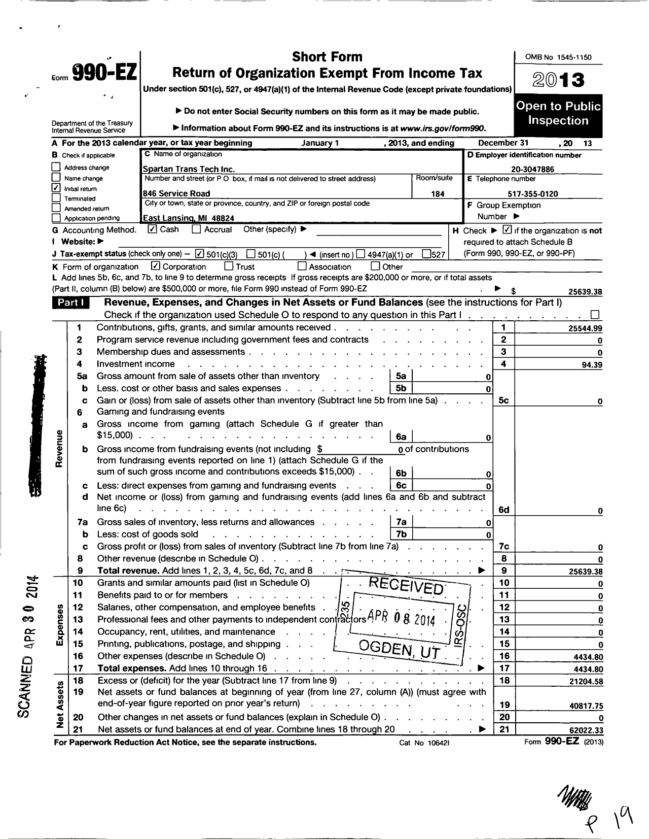 Image of first page of 2013 Form 990EZ for Spartan Trans Tech