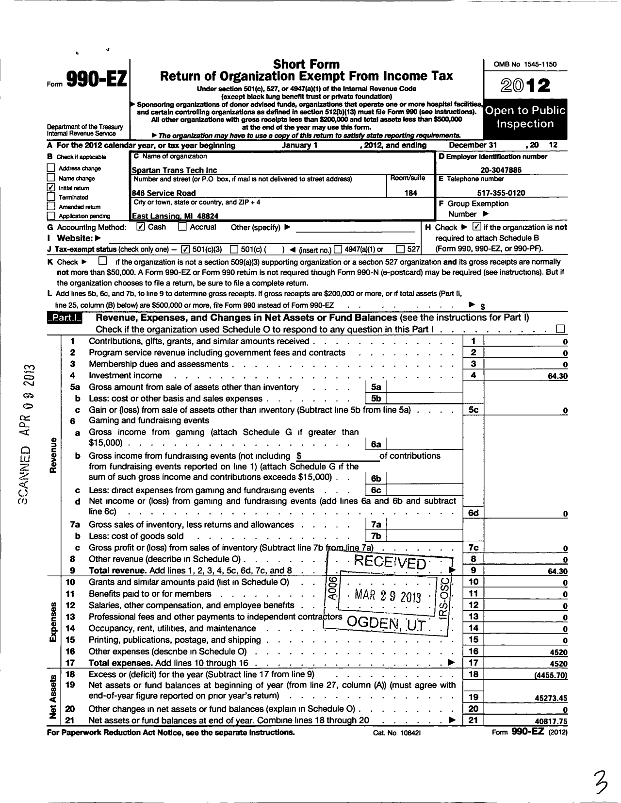 Image of first page of 2012 Form 990EZ for Spartan Trans Tech