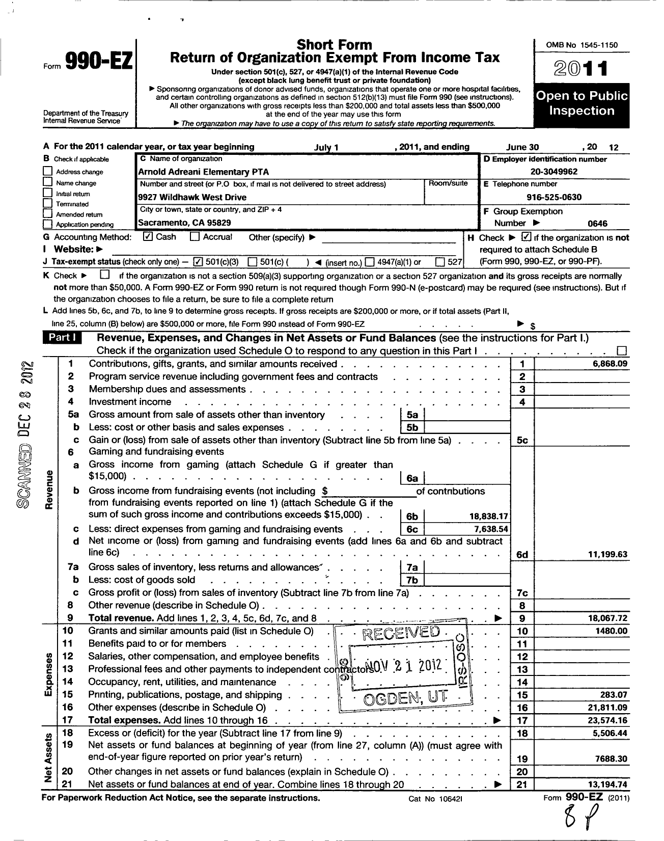 Image of first page of 2011 Form 990EZ for California State PTA - Arnold Adreani Elementary PTA