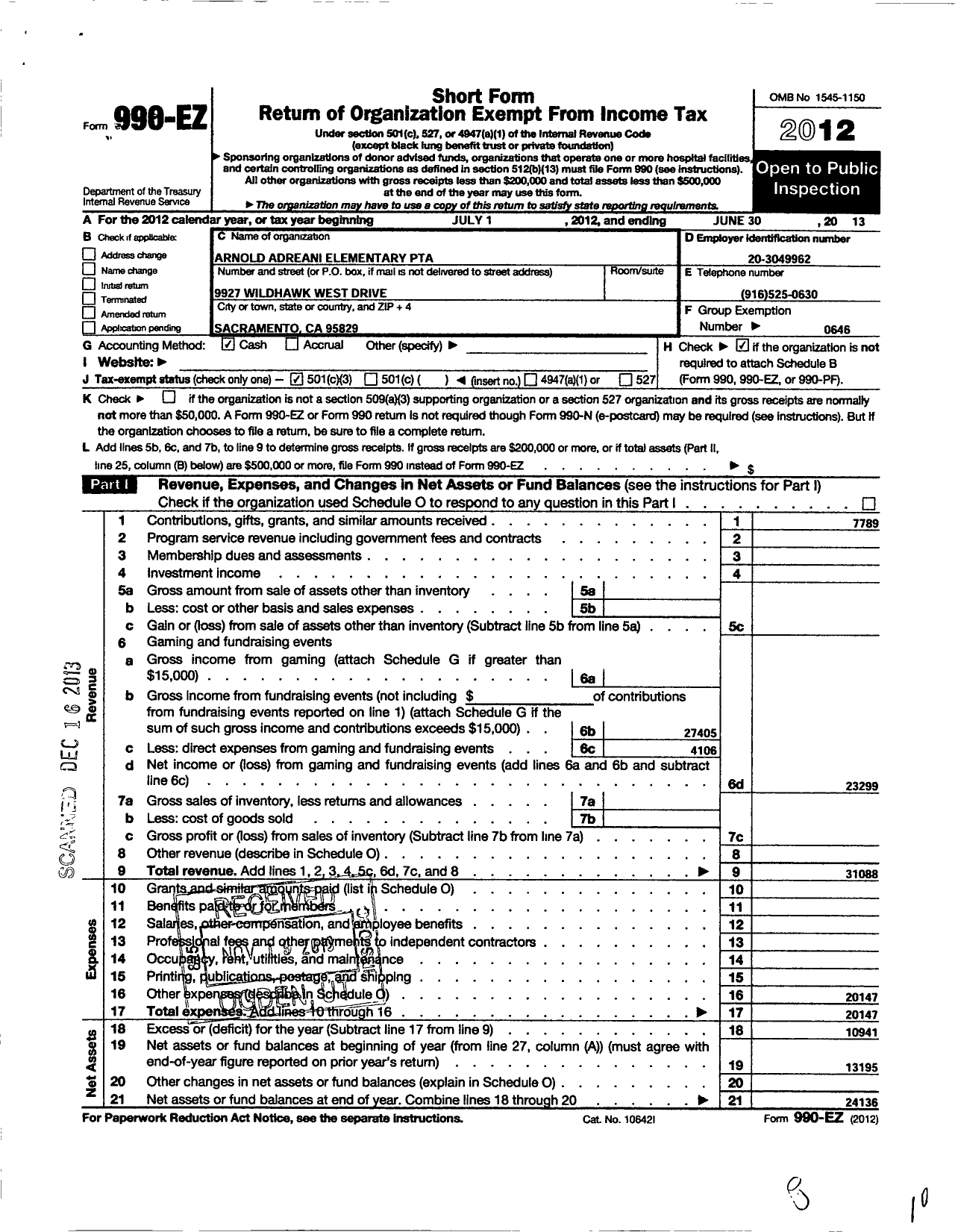 Image of first page of 2012 Form 990EZ for California State PTA - Arnold Adreani Elementary PTA