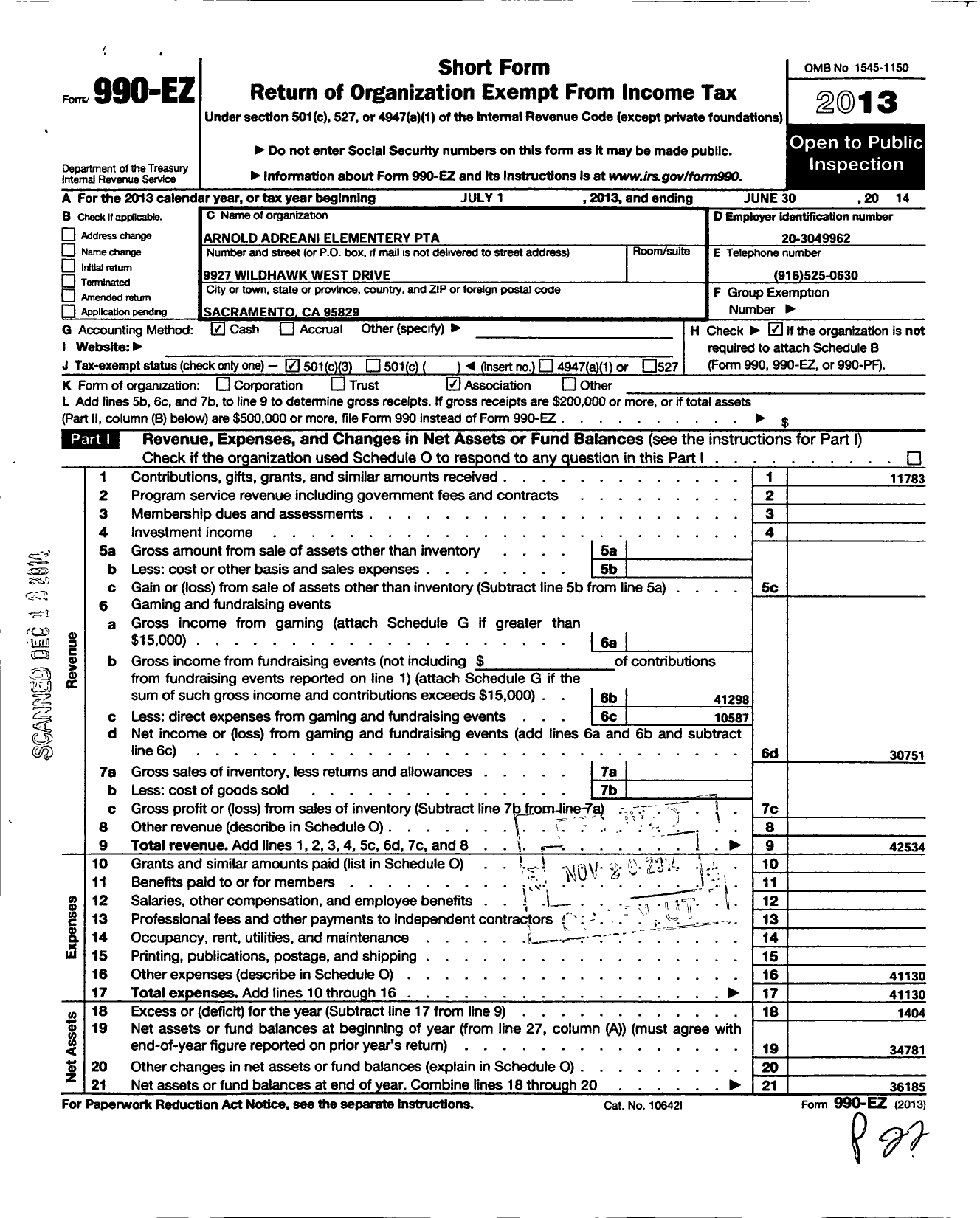 Image of first page of 2013 Form 990EZ for California State PTA - Arnold Adreani Elementary PTA