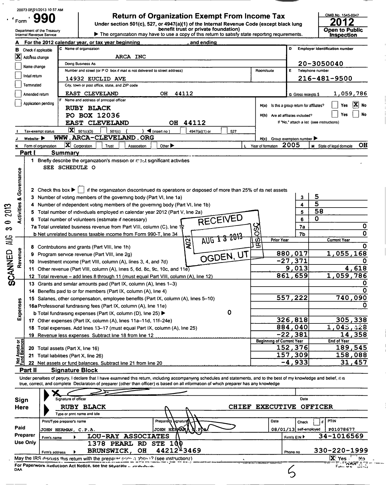 Image of first page of 2012 Form 990 for Arca