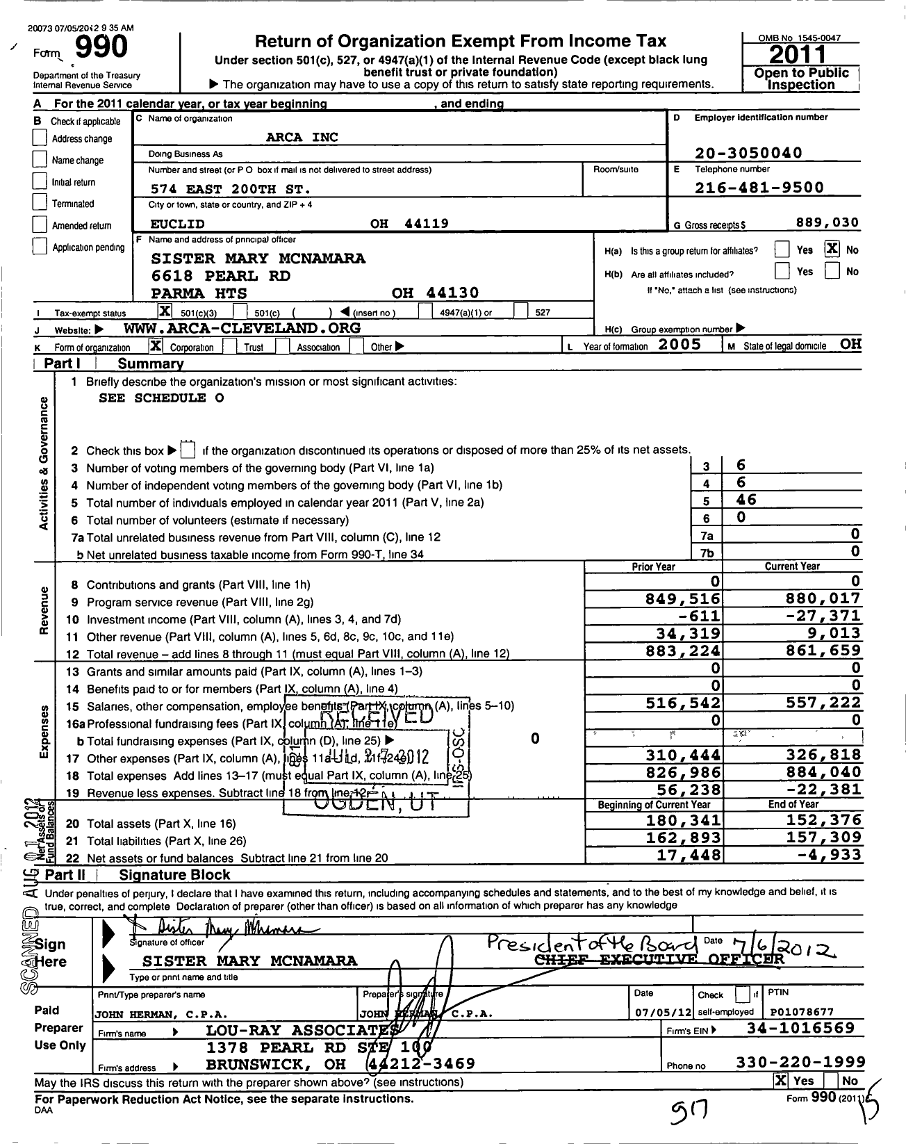 Image of first page of 2011 Form 990 for Arca