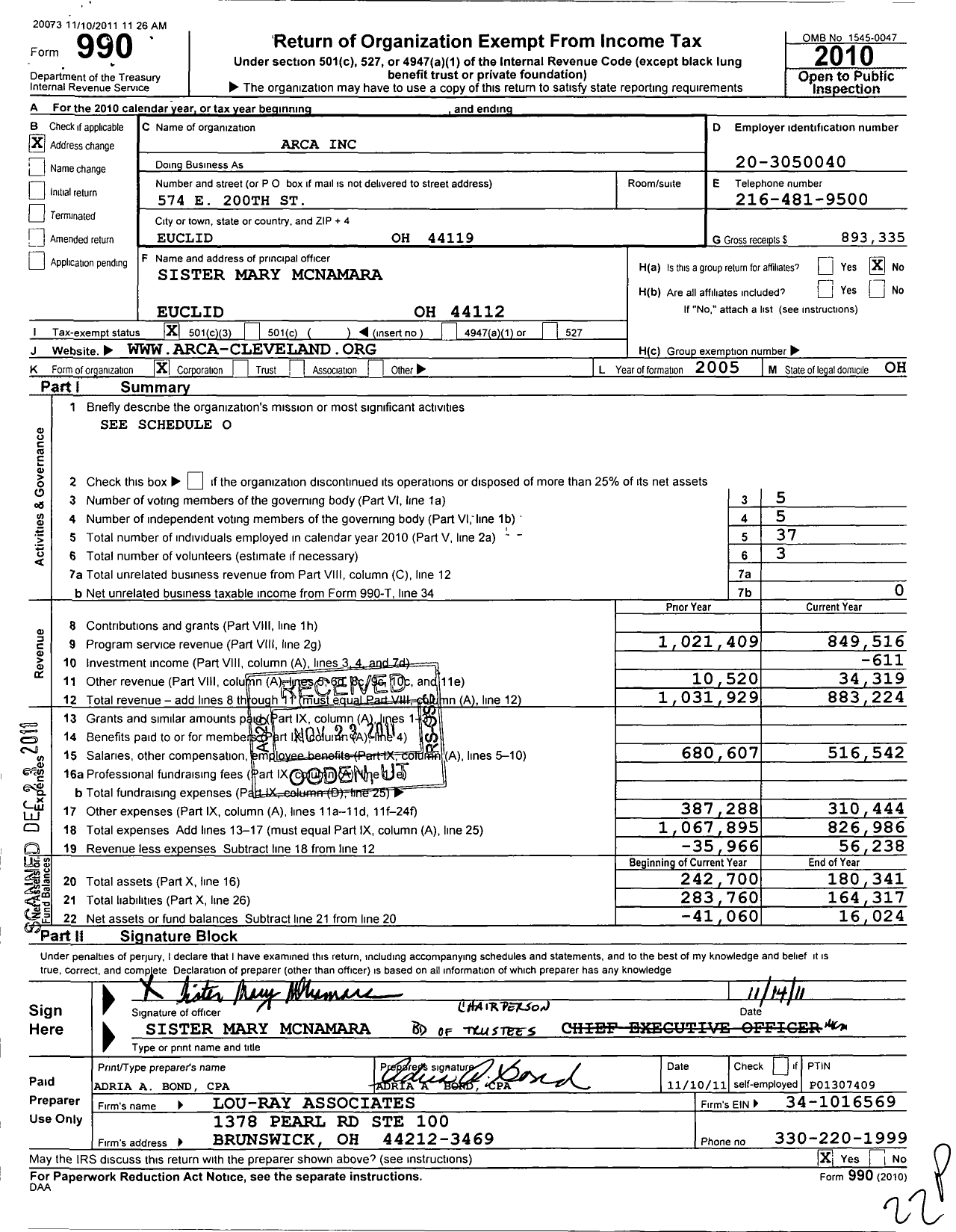 Image of first page of 2010 Form 990 for Arca