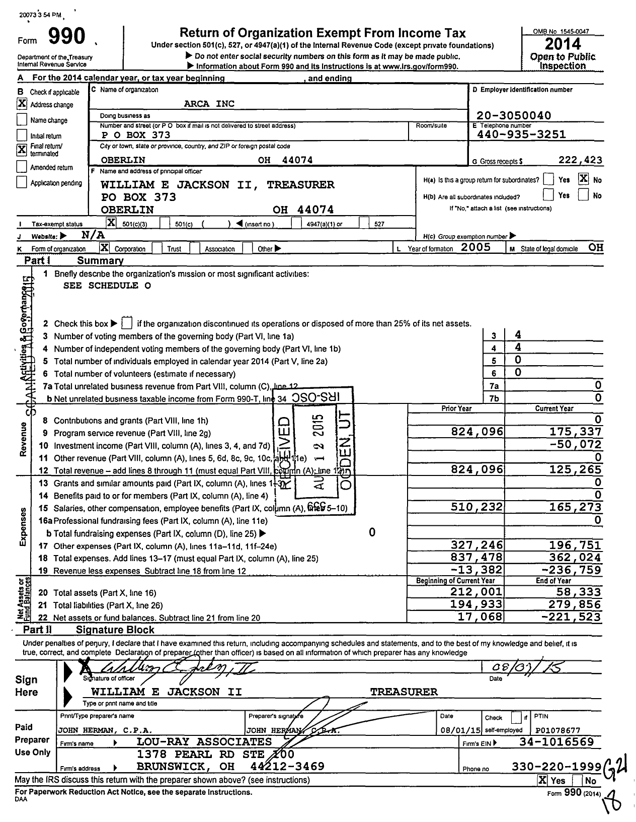 Image of first page of 2014 Form 990 for Arca