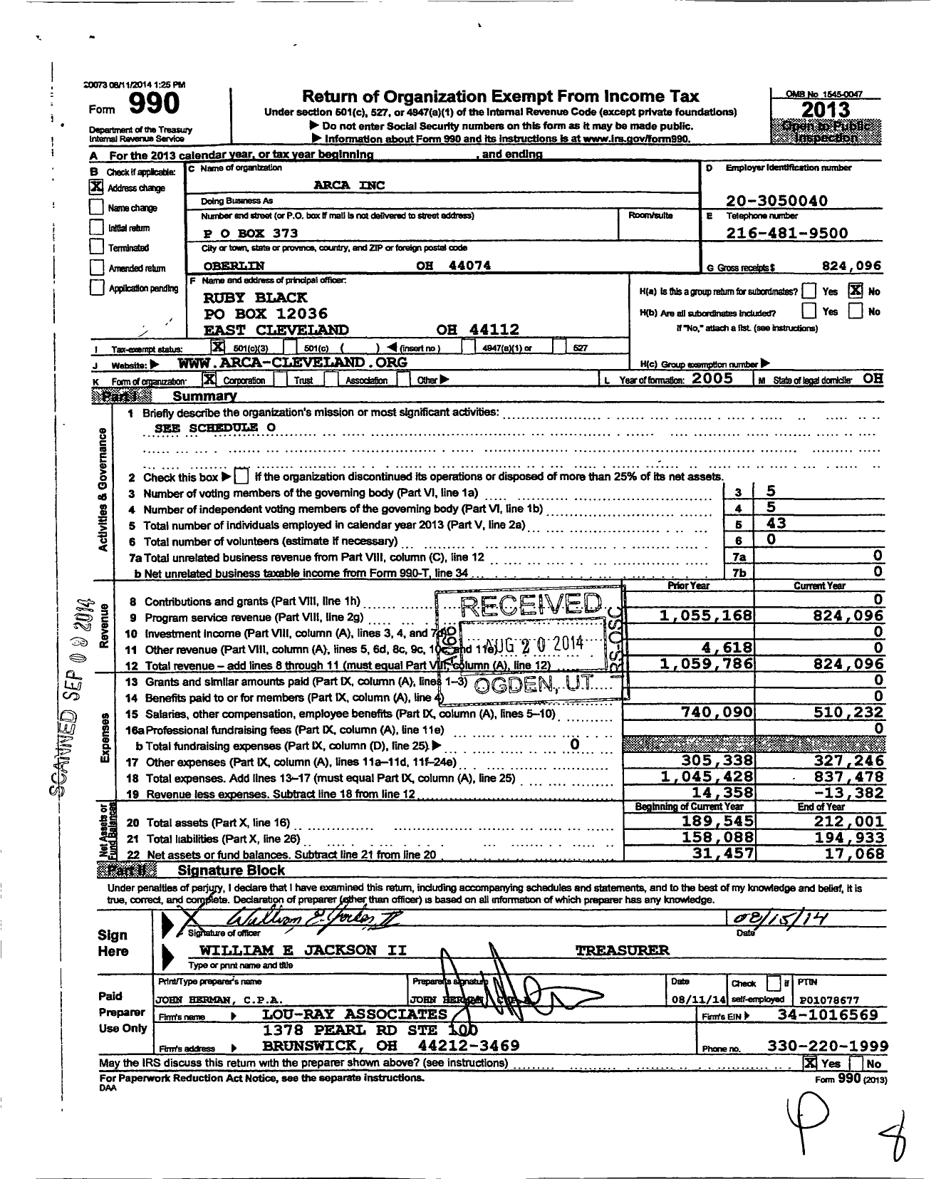 Image of first page of 2013 Form 990 for Arca
