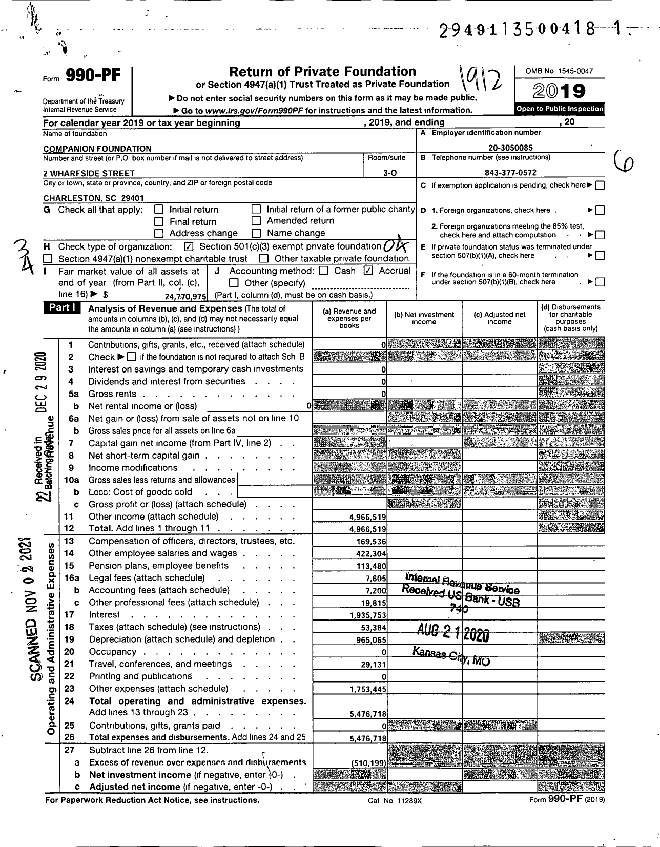 Image of first page of 2019 Form 990PF for Companion Foundation