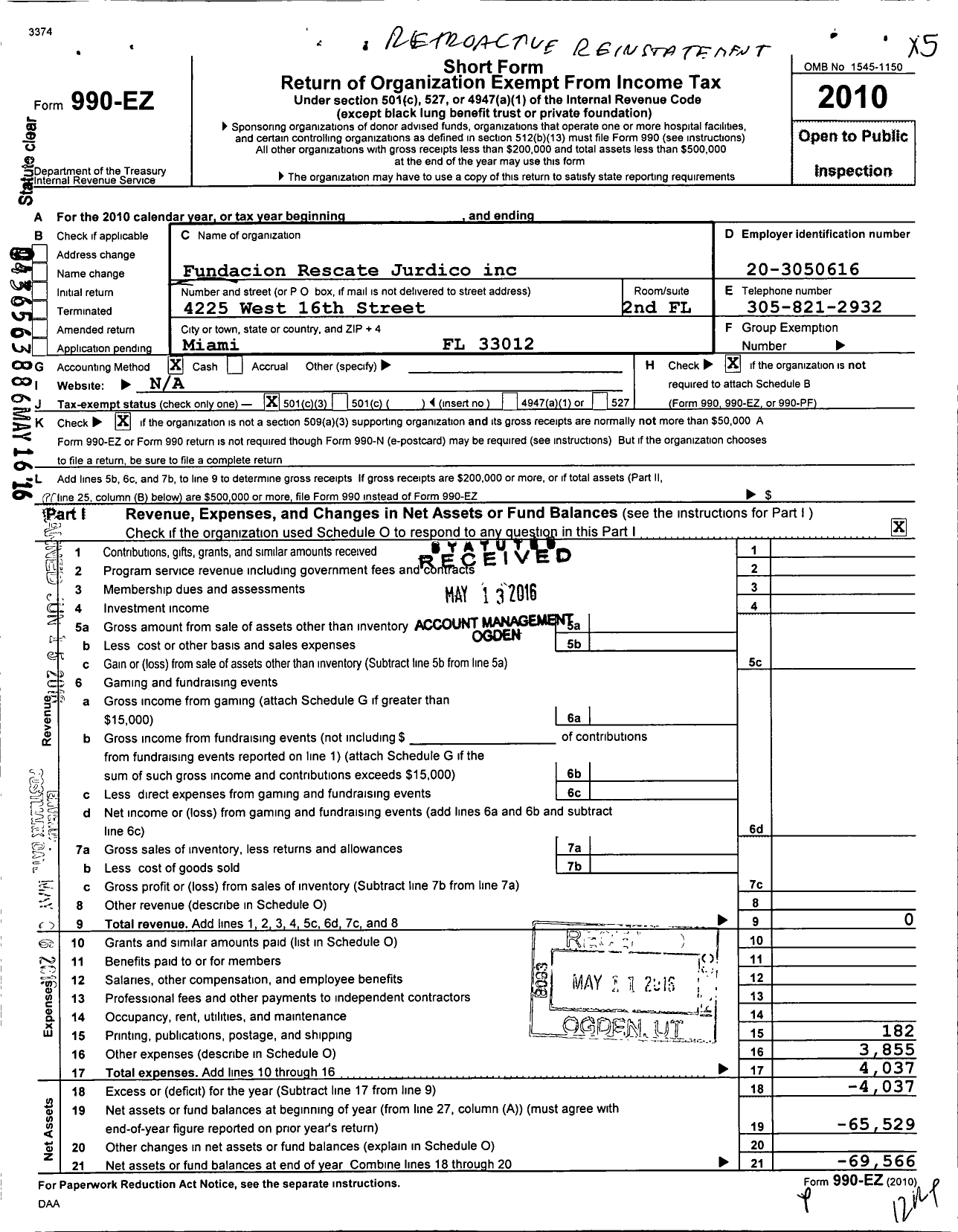 Image of first page of 2010 Form 990EZ for Fundacion Rescate Jurdico