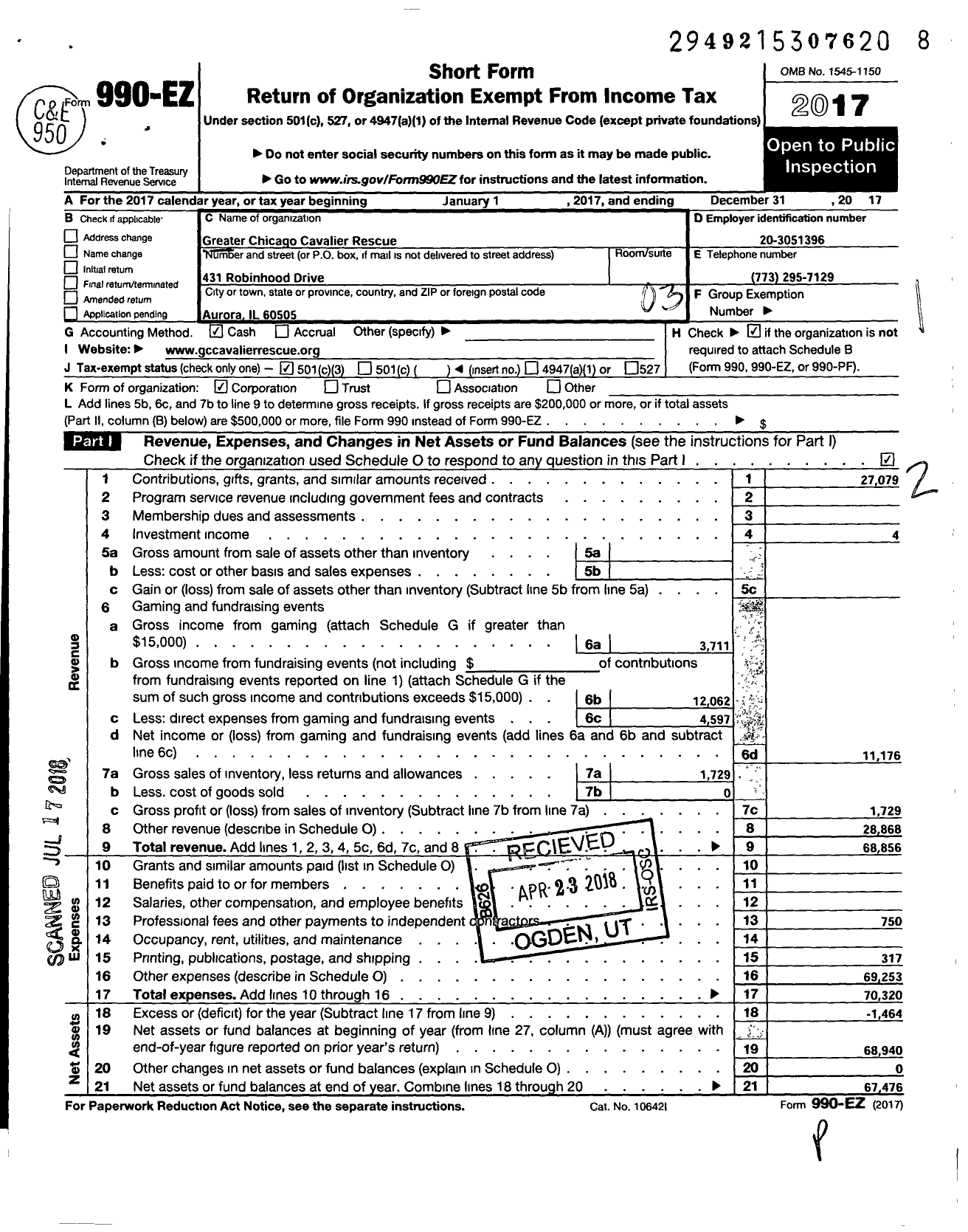 Image of first page of 2017 Form 990EZ for Greater Chicago Cavalier Rescue