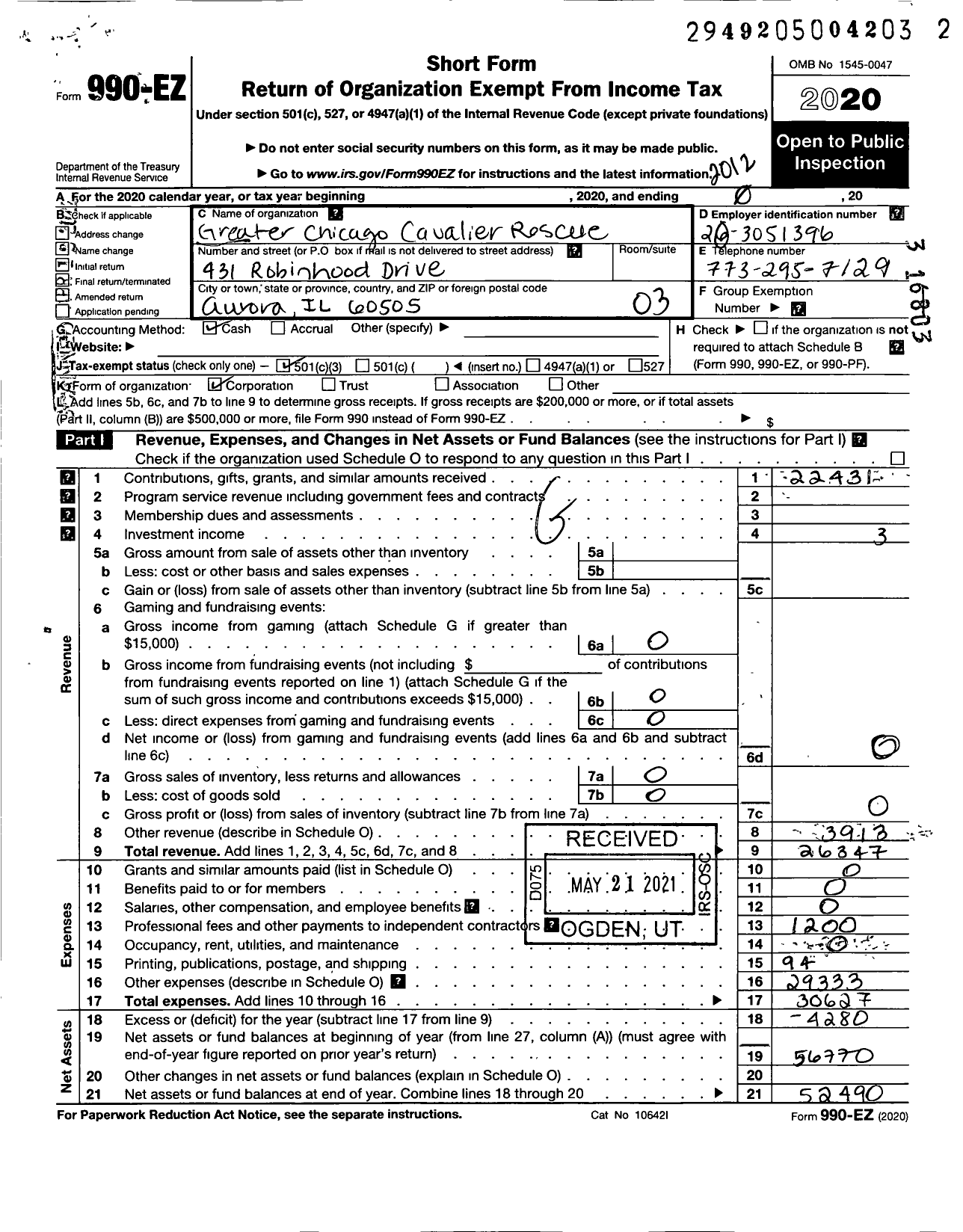 Image of first page of 2020 Form 990EZ for Greater Chicago Cavalier Rescue