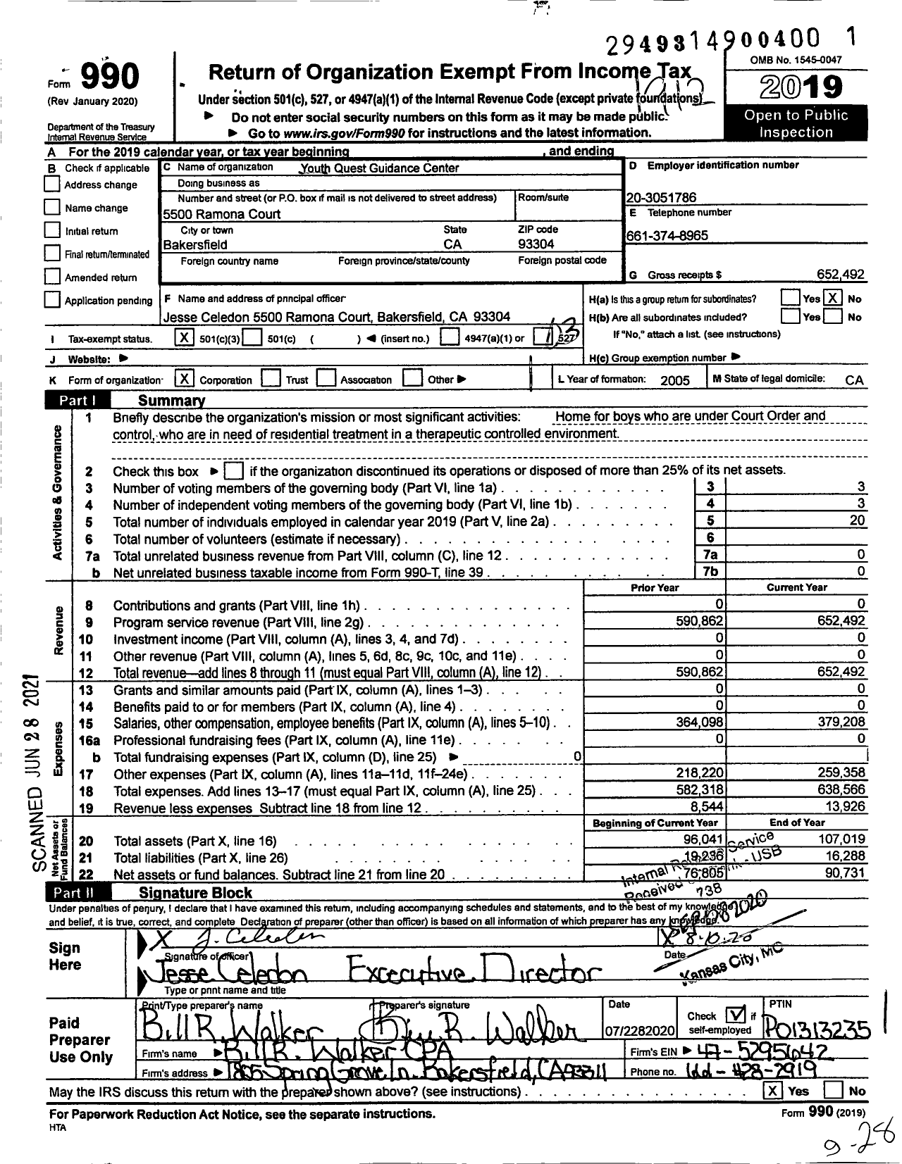 Image of first page of 2019 Form 990 for Youth Quest Guidance Center