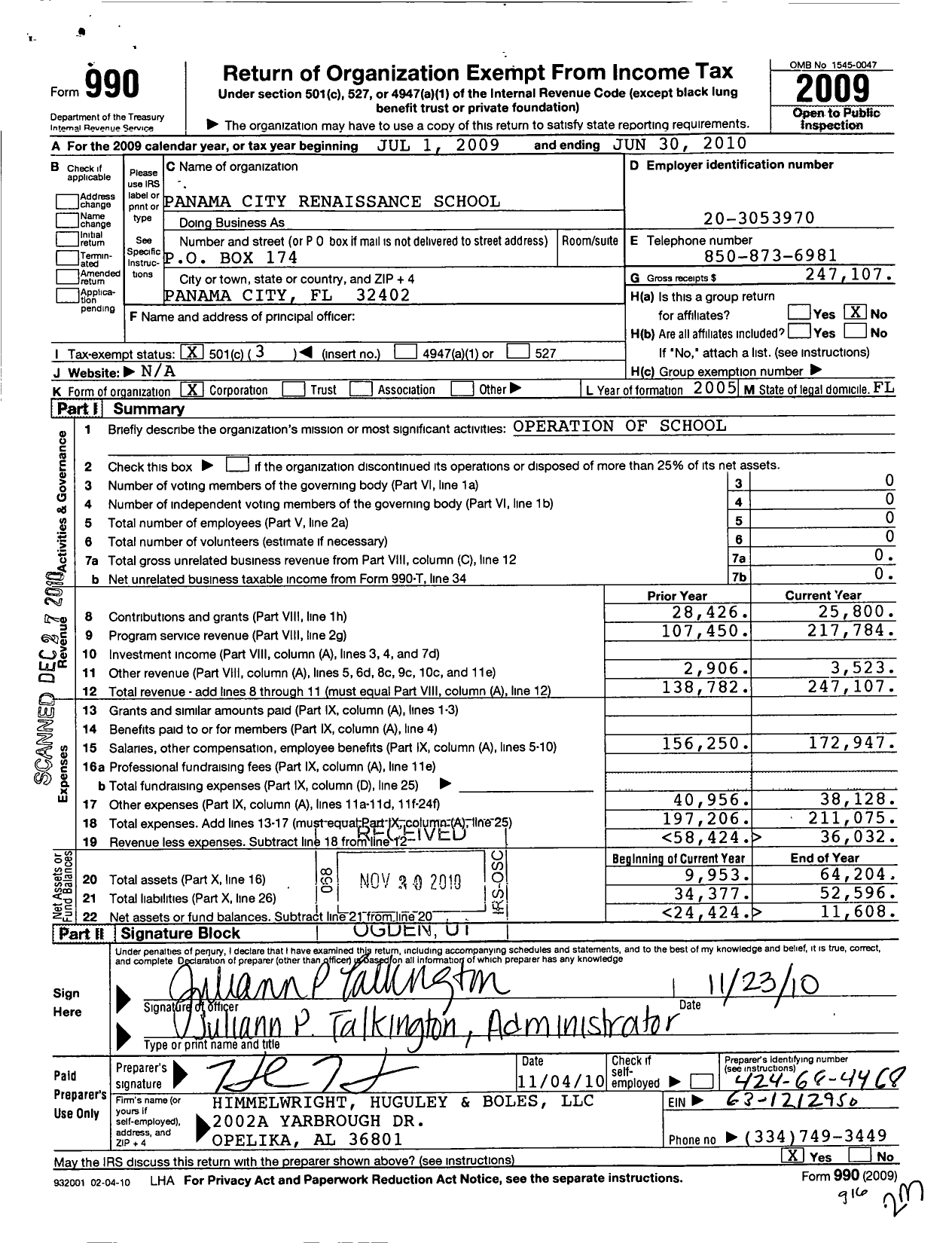 Image of first page of 2009 Form 990 for Panama City Renaissance School